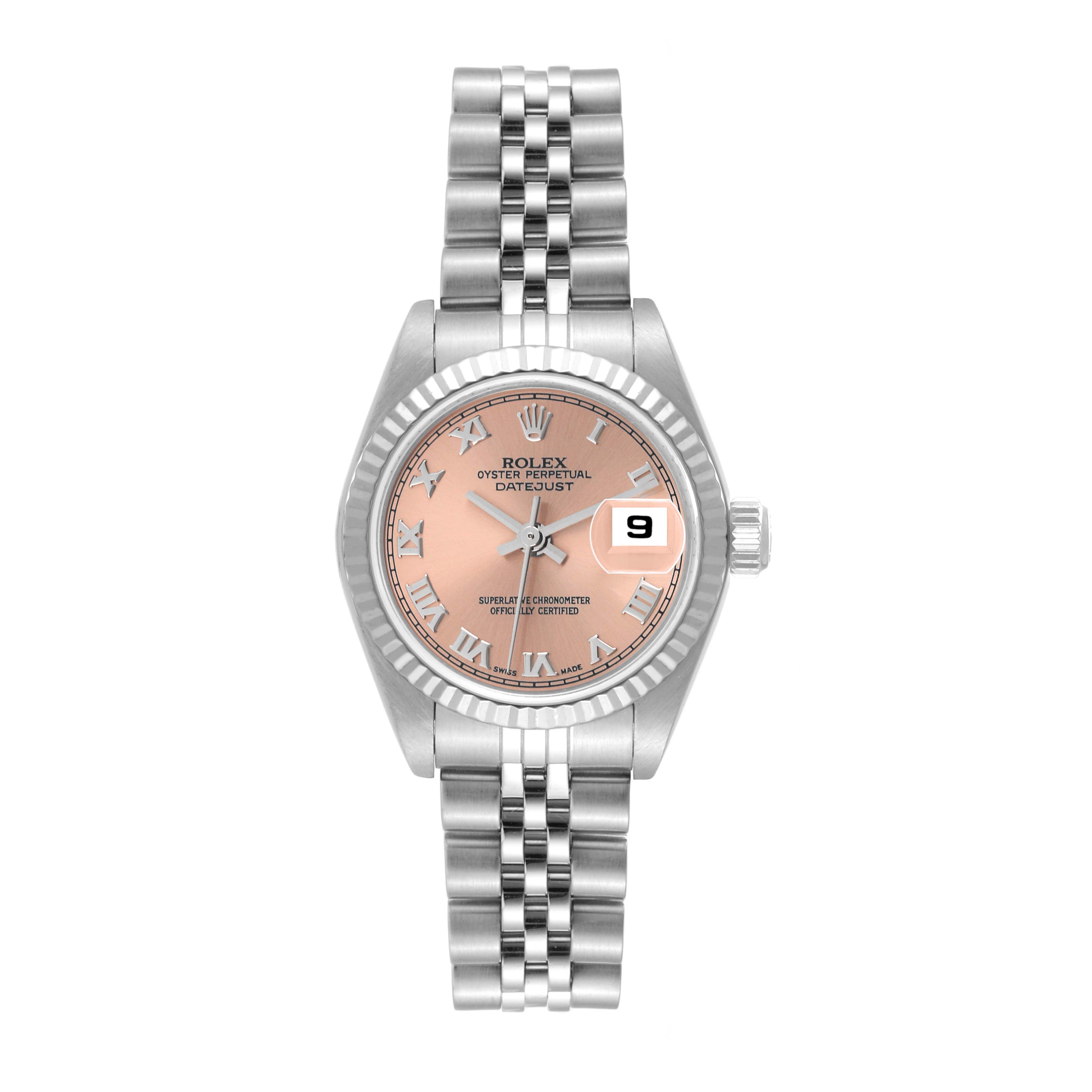 This image shows a Rolex Datejust 79174 Women's Stainless Steel Pink Dial 79174 Women's Stainless Steel Pink Dial watch from a front angle, featuring a pink dial, Roman numerals, and a metal Jubilee bracelet.