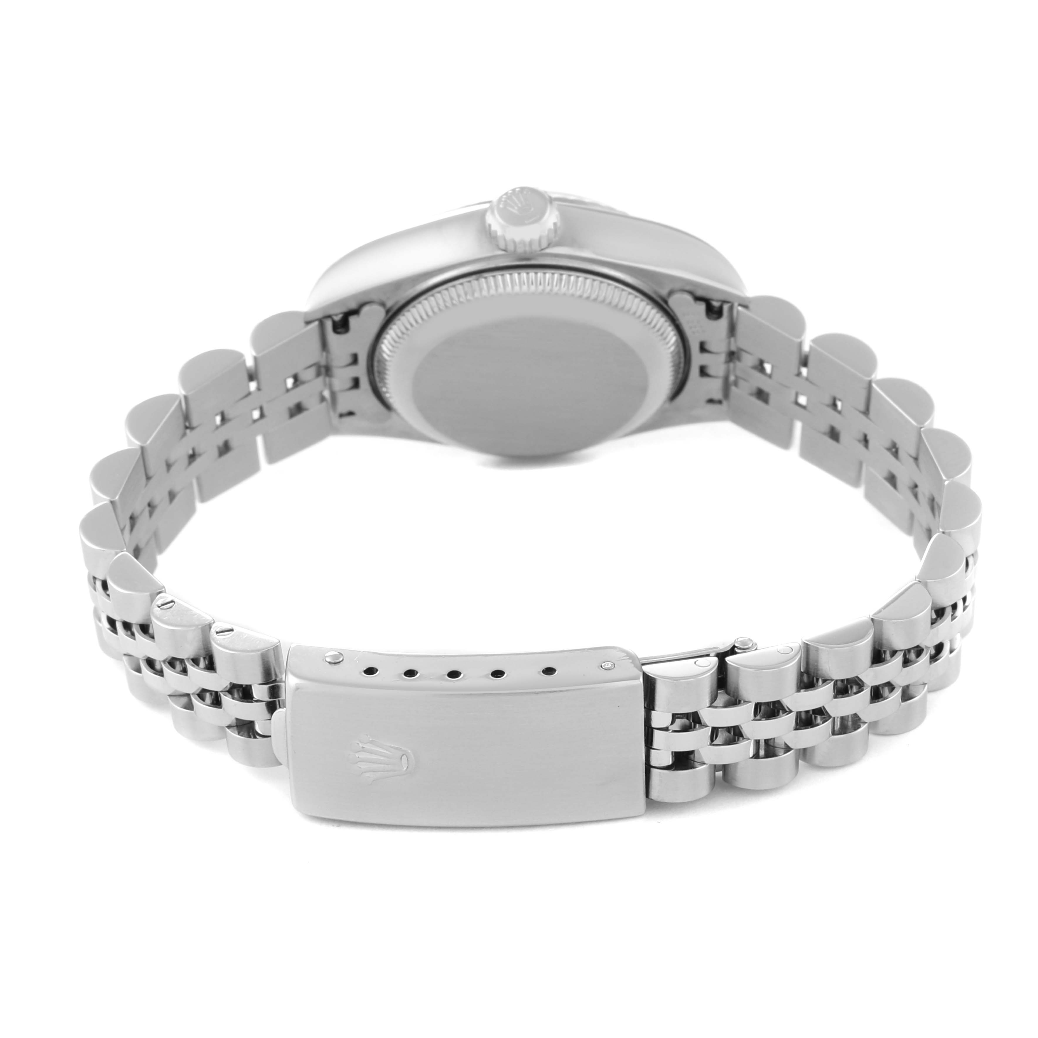 The image shows the back view of a Rolex Datejust 79174 Women's Stainless Steel Pink Dial 79174 Women's Stainless Steel Pink Dial watch highlighting its bracelet and clasp.