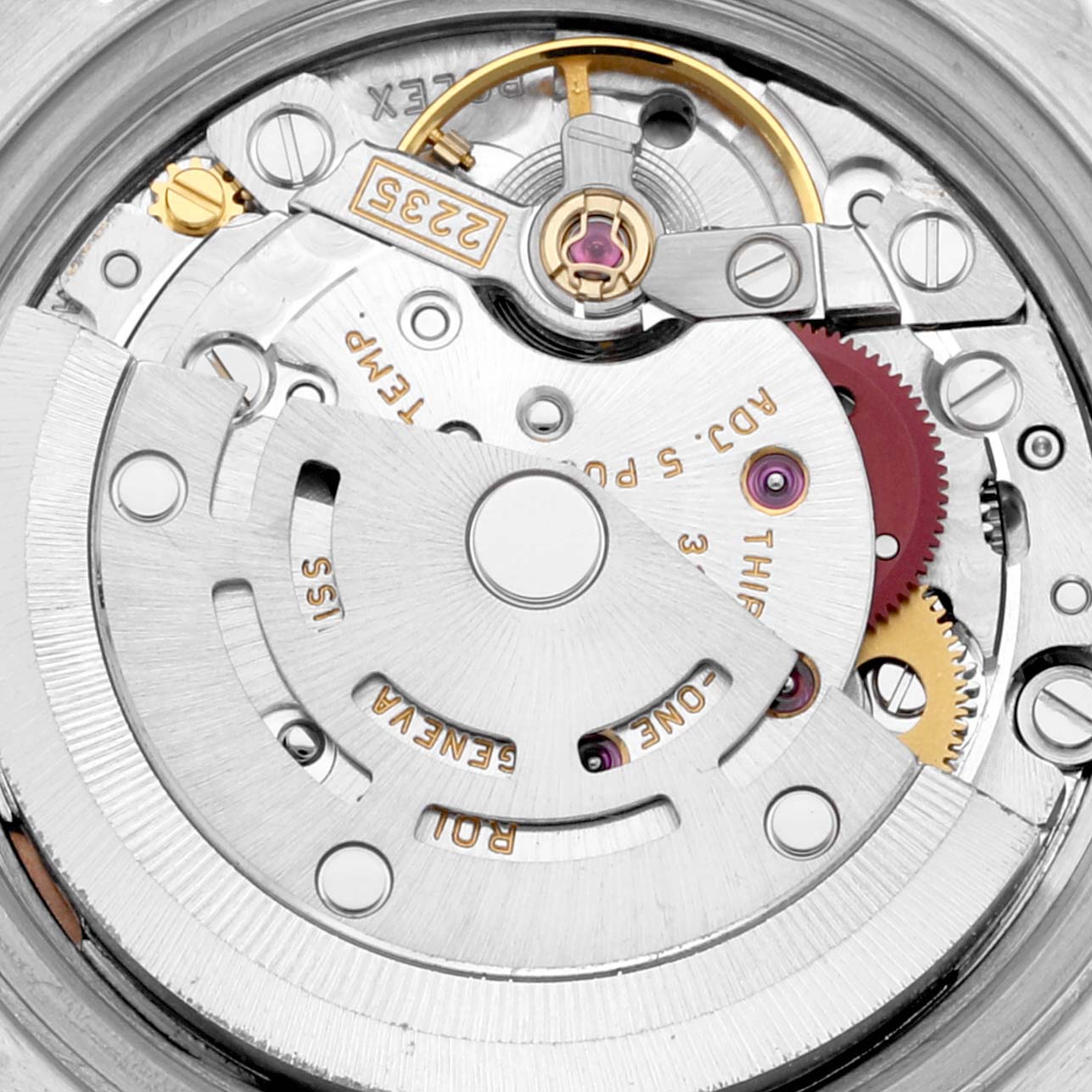 This image shows the intricate inner mechanism and movement of a Rolex Datejust 79174 Women's Stainless Steel Pink Dial 79174 Women's Stainless Steel Pink Dial watch.