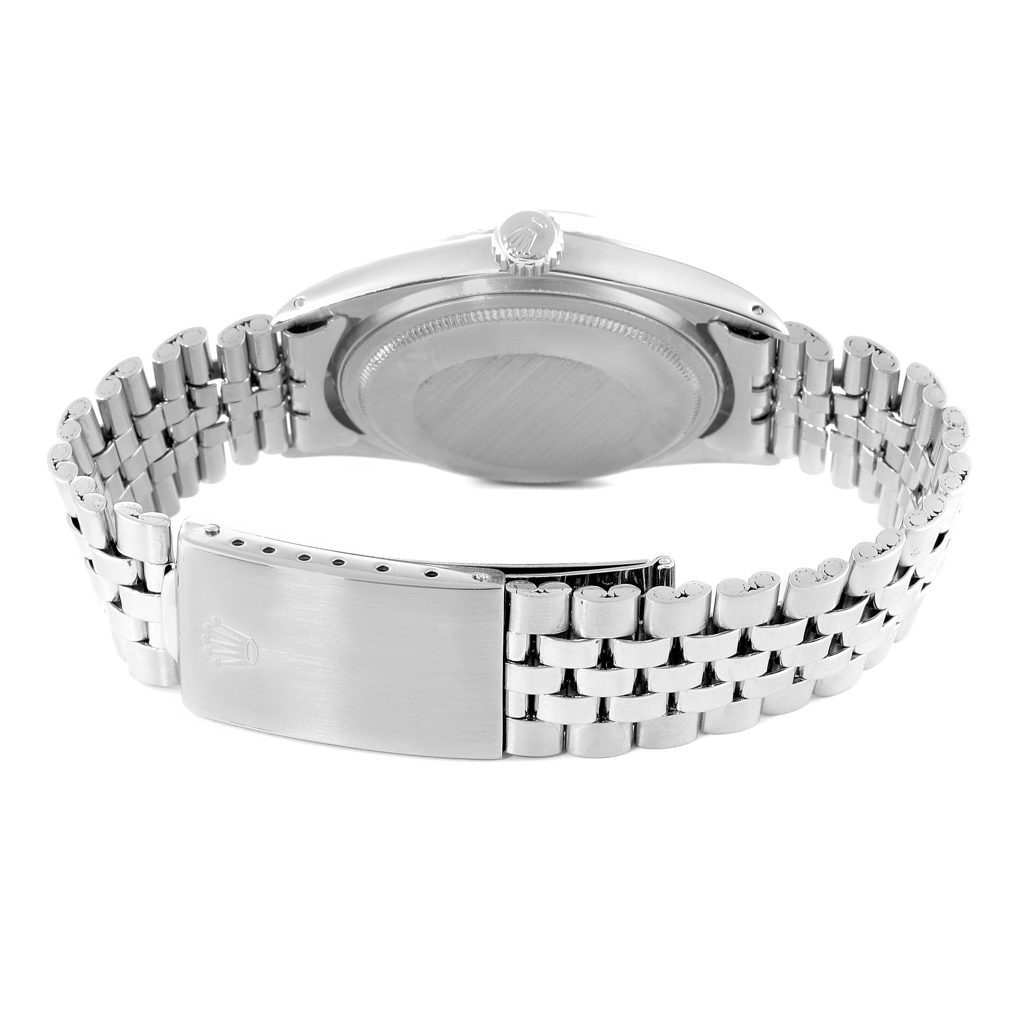 The Rolex Vintage Collection 1603 Men's Stainless Steel Silver Dial 1603 Men's Stainless Steel Silver Dial watch is shown from the back, displaying the clasp, bracelet, and case back.