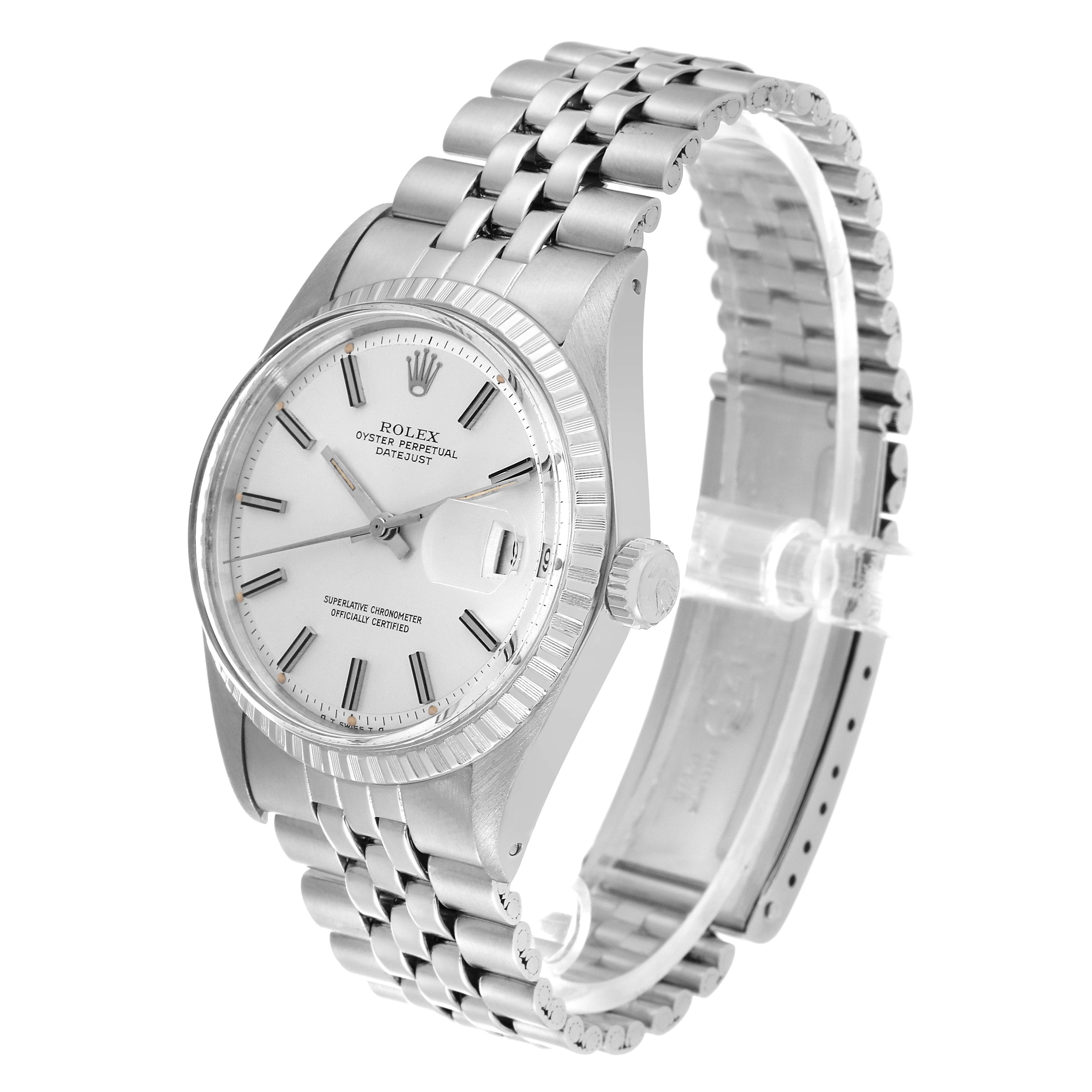 The image shows a side angle view of the Rolex Vintage Collection 1603 Men's Stainless Steel Silver Dial 1603 Men's Stainless Steel Silver Dial watch, highlighting the dial, case, and bracelet.