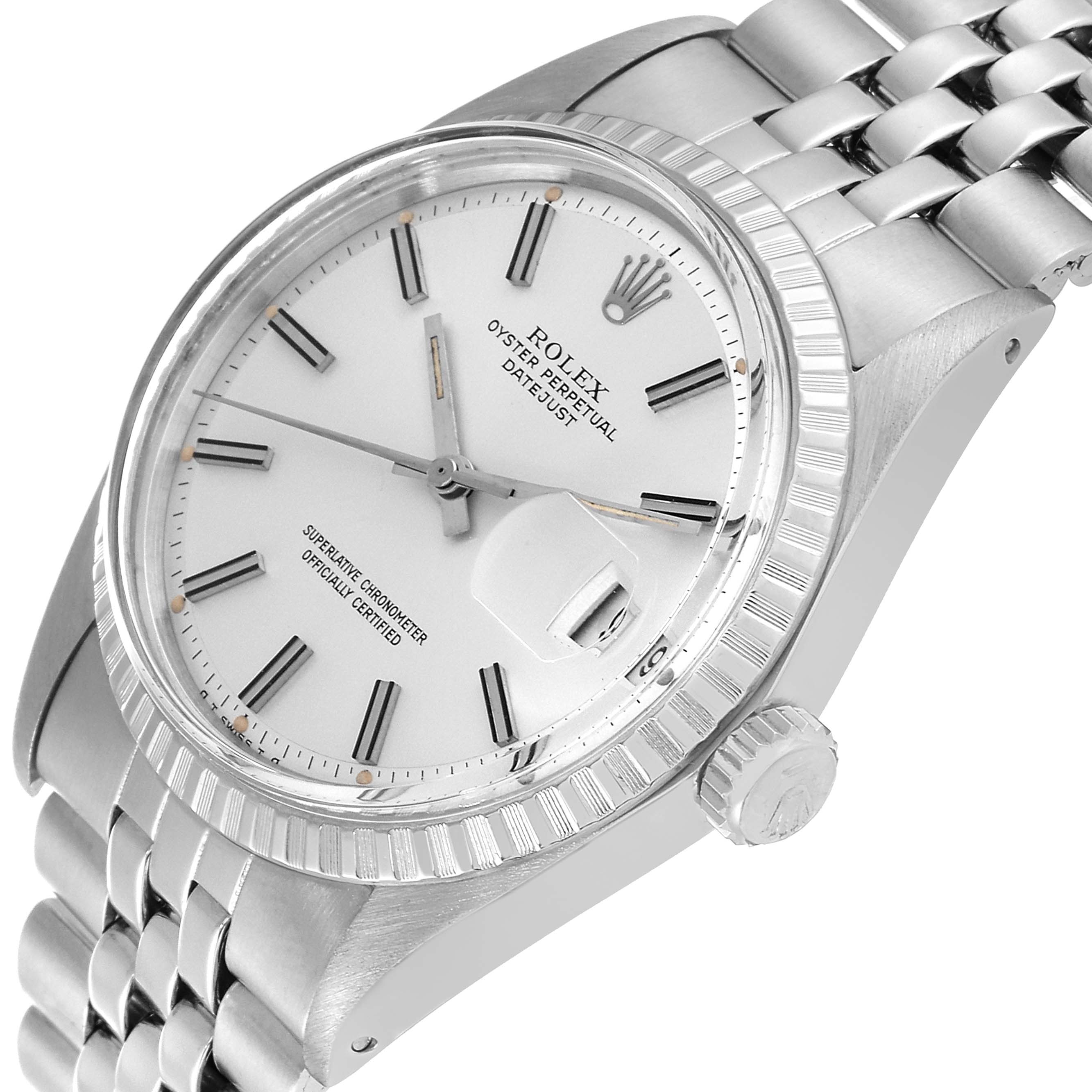 The Rolex Vintage Collection 1603 Men's Stainless Steel Silver Dial 1603 Men's Stainless Steel Silver Dial model is shown at a slight angle, highlighting the face, bezel, crown, and bracelet.