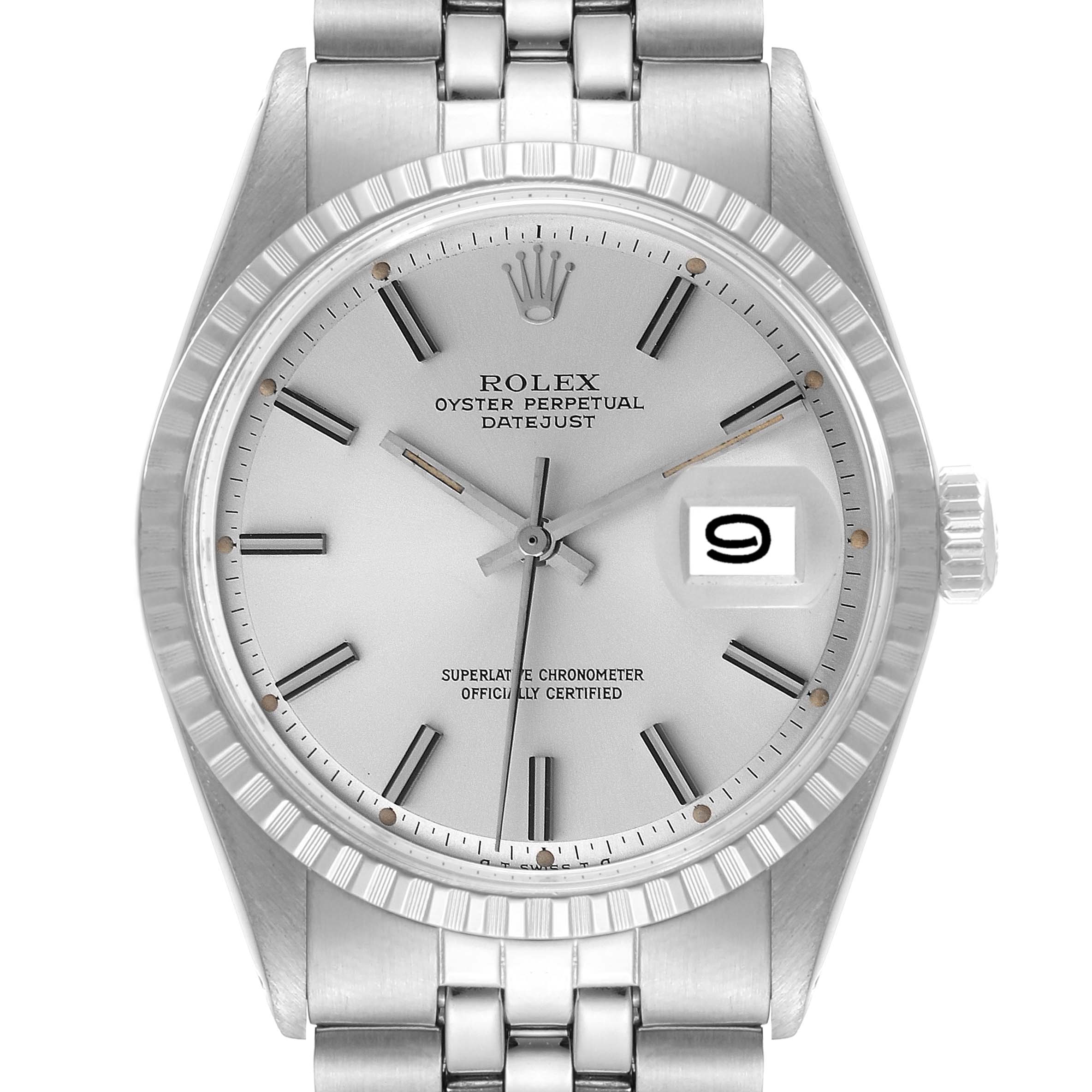 The image shows a front view of the Rolex Vintage Collection 1603 Men's Stainless Steel Silver Dial 1603 Men's Stainless Steel Silver Dial Oyster Perpetual Datejust watch.