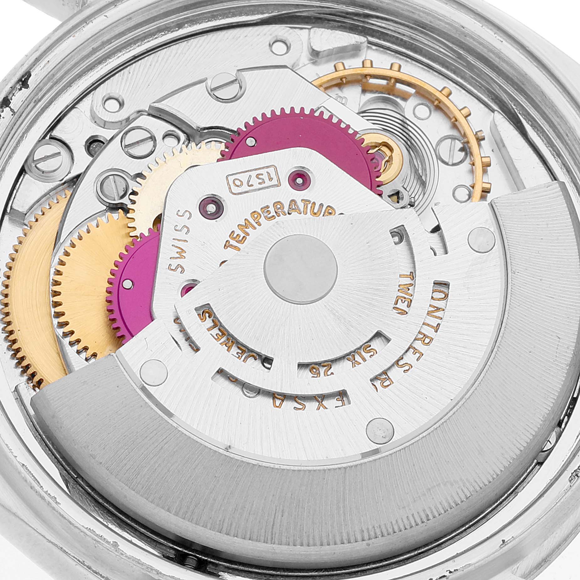 The image shows the intricate inner workings and mechanical parts of the Rolex Vintage Collection 1603 Men's Stainless Steel Silver Dial 1603 Men's Stainless Steel Silver Dial watch from a close-up angle.