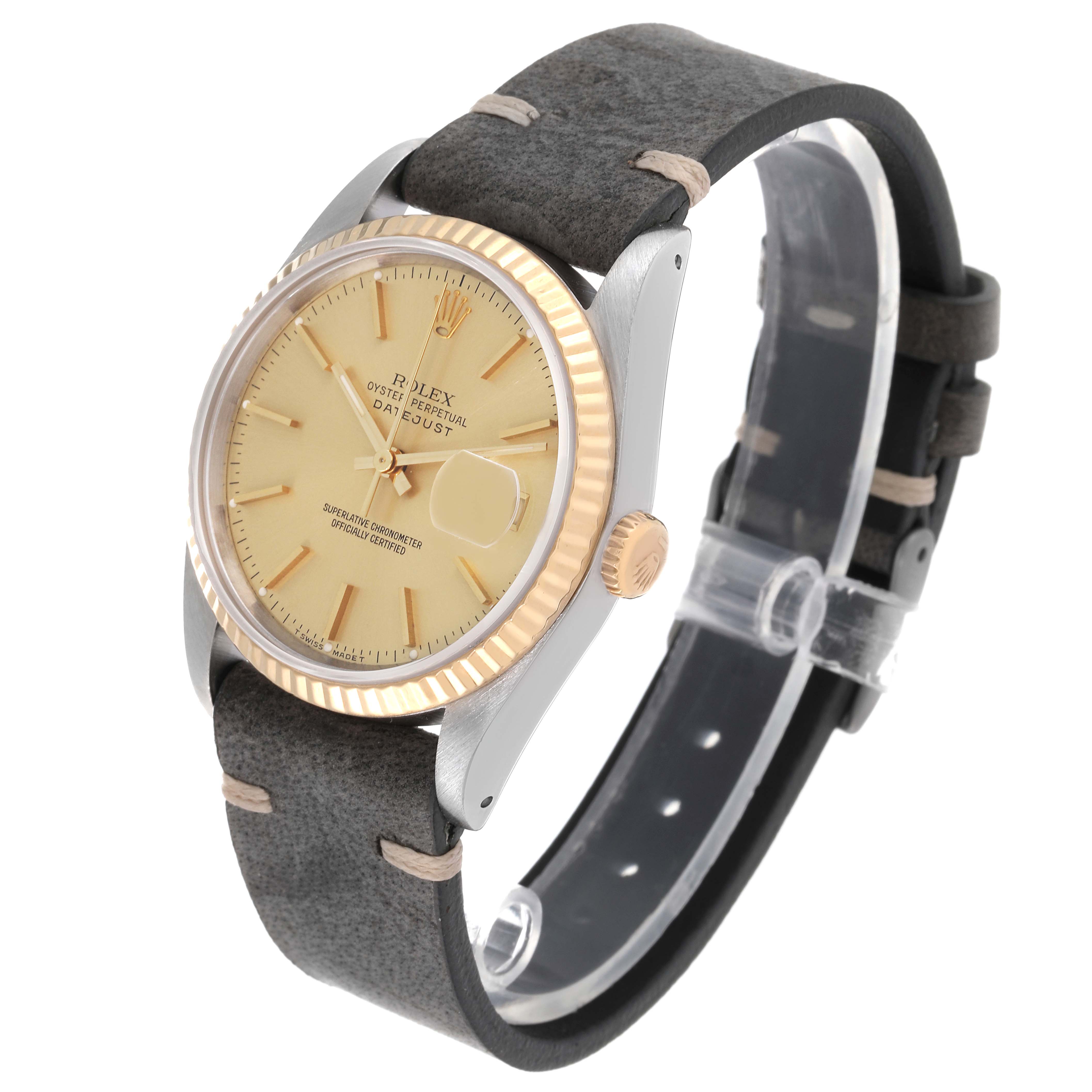 The image shows a Rolex Datejust 16233 Men's Steel and Gold (two tone) Champagne Dial 16233 Men's Steel and Gold (two tone) Champagne Dial watch at a three-quarter angle, highlighting its dial, bezel, crown, and strap.