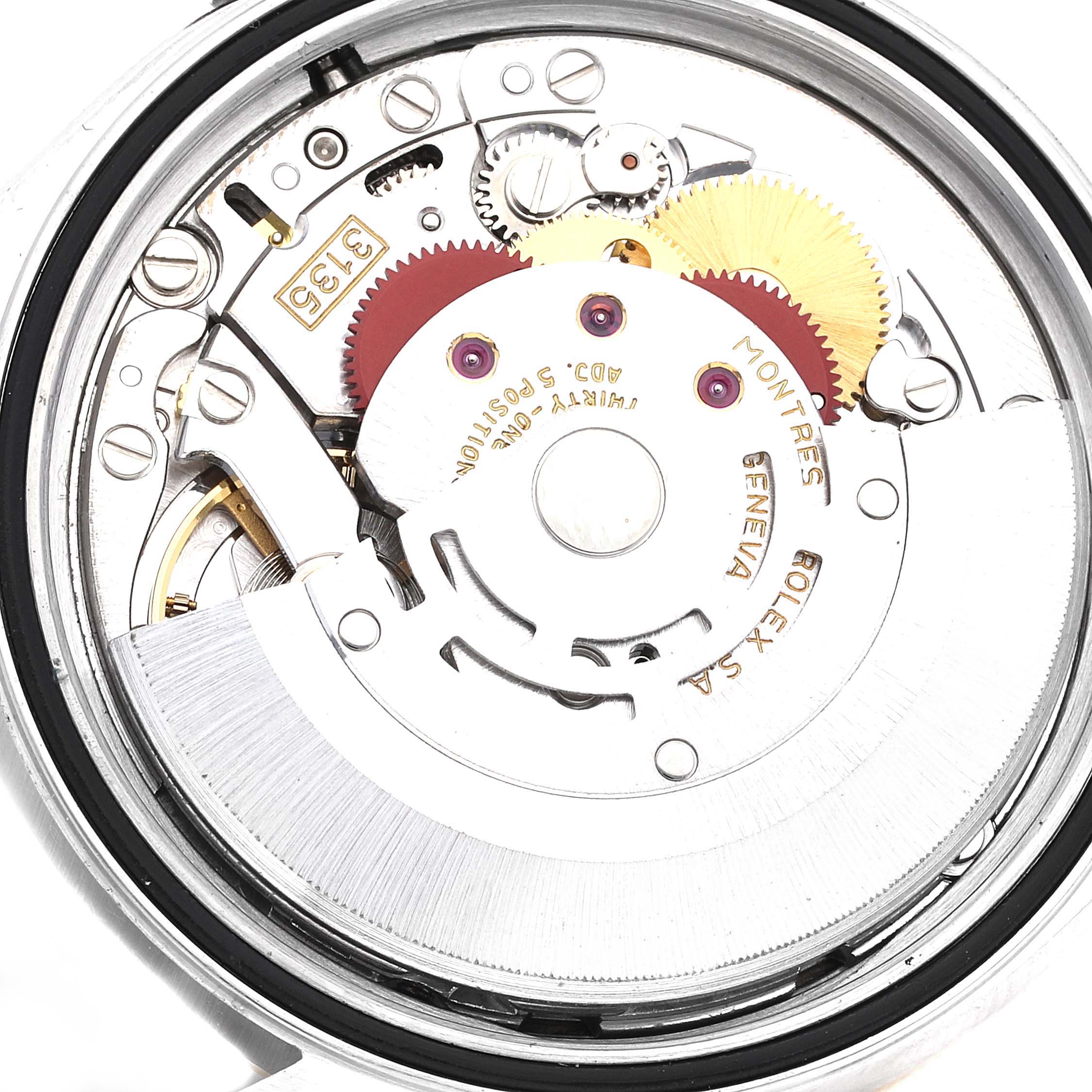This shows the internal movement of a Rolex Datejust 16233 Men's Steel and Gold (two tone) Champagne Dial 16233 Men's Steel and Gold (two tone) Champagne Dial model from a rear angle.
