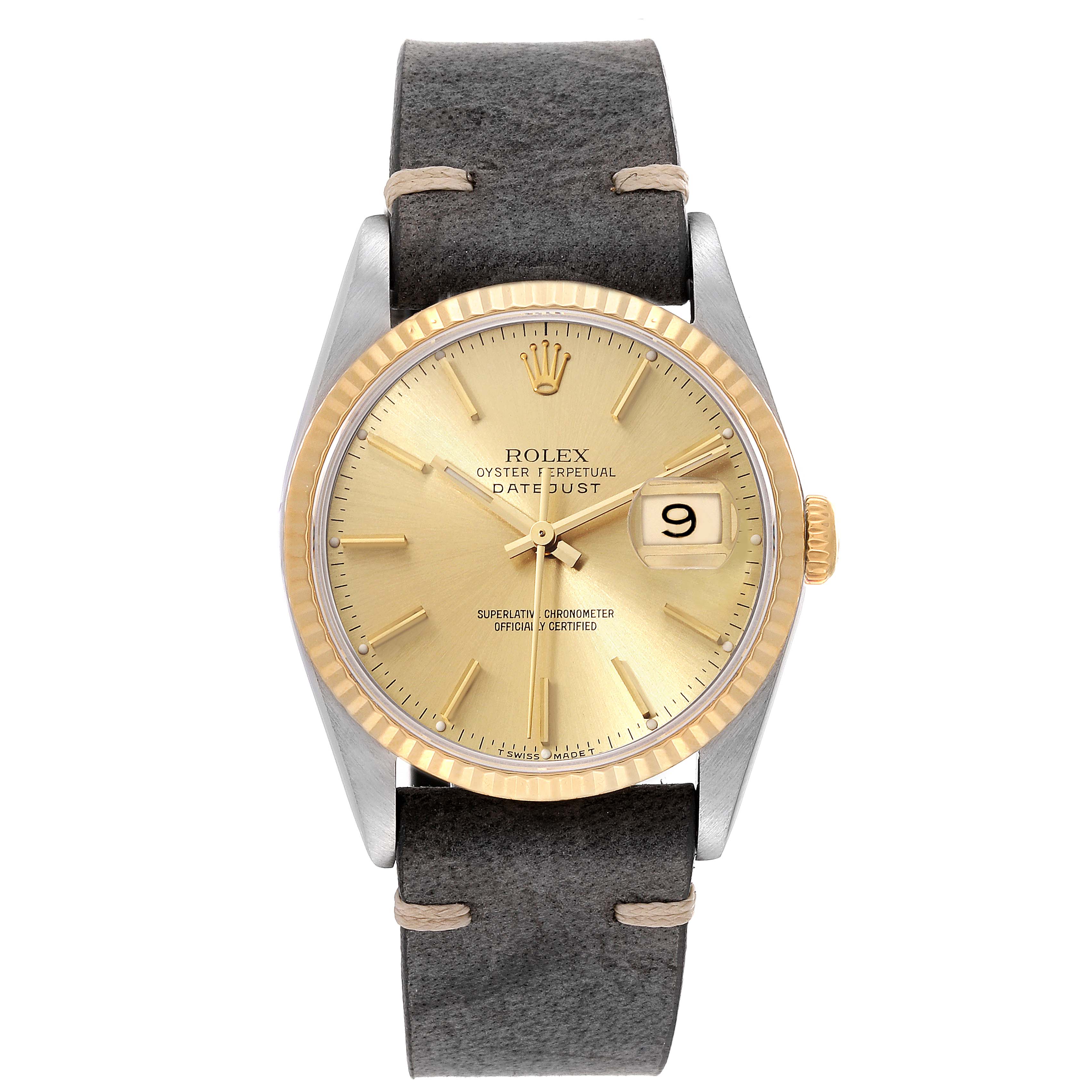 The image shows a front view of the Rolex Datejust 16233 Men's Steel and Gold (two tone) Champagne Dial 16233 Men's Steel and Gold (two tone) Champagne Dial watch with a gold dial, fluted bezel, and leather strap.