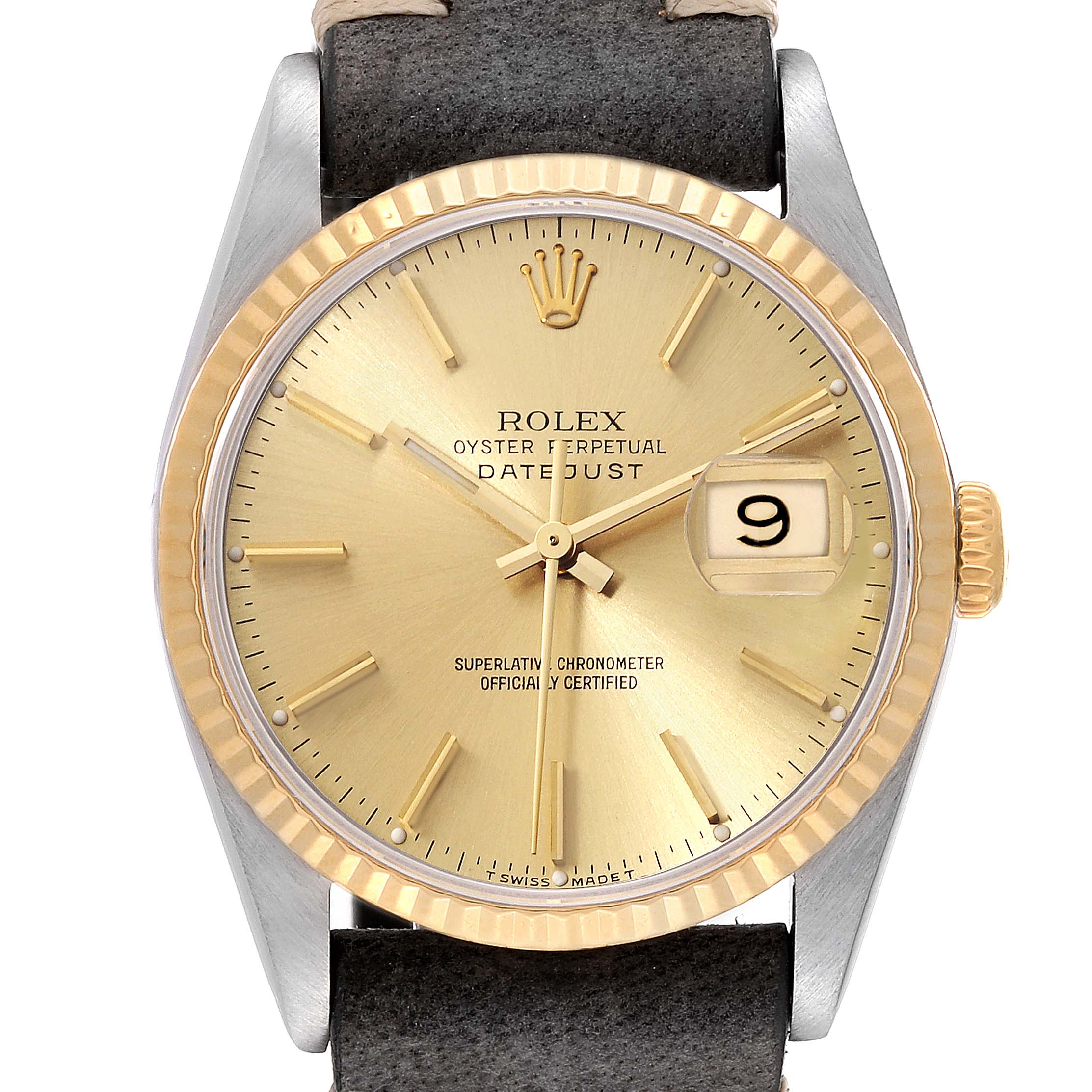 The image shows a frontal view of the Rolex Datejust 16233 Men's Steel and Gold (two tone) Champagne Dial 16233 Men's Steel and Gold (two tone) Champagne Dial watch, featuring its dial, crown, and bezel.