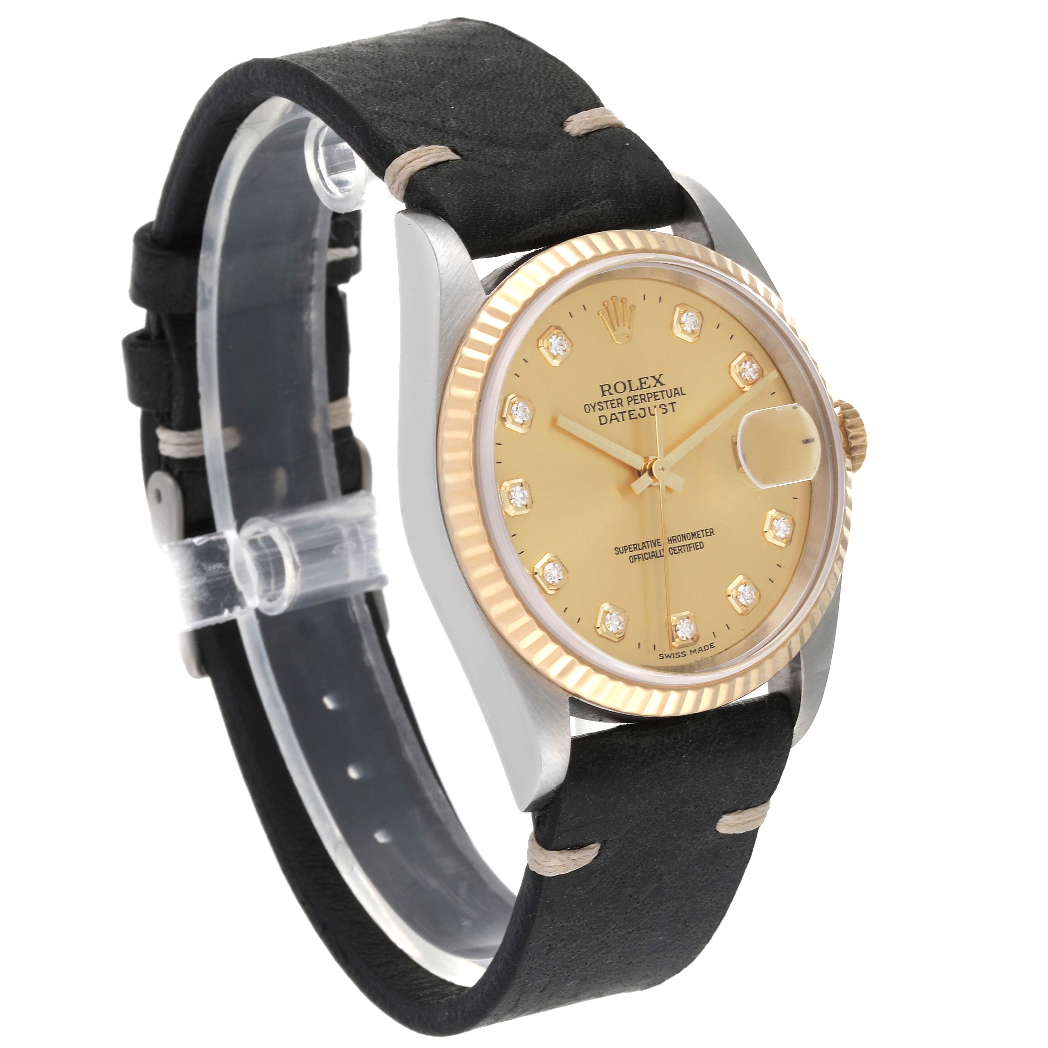 The image shows a side and front view of a Rolex Datejust 16233 Men's Steel and Gold (two tone) Champagne Dial 16233 Men's Steel and Gold (two tone) Champagne Dial watch, highlighting its dial, bezel, and wrist strap.