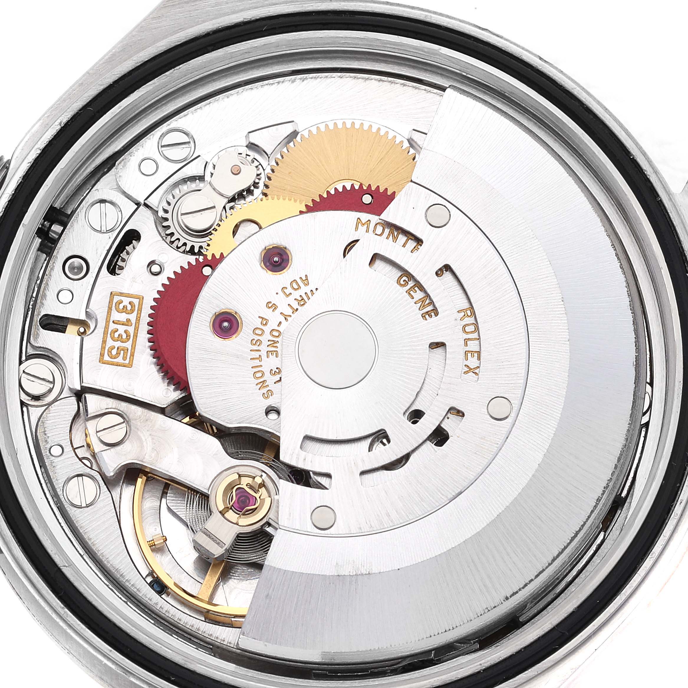 This image shows the back view of the Rolex Datejust 16233 Men's Steel and Gold (two tone) Champagne Dial 16233 Men's Steel and Gold (two tone) Champagne Dial watch, focusing on its intricate internal mechanical parts and movements.