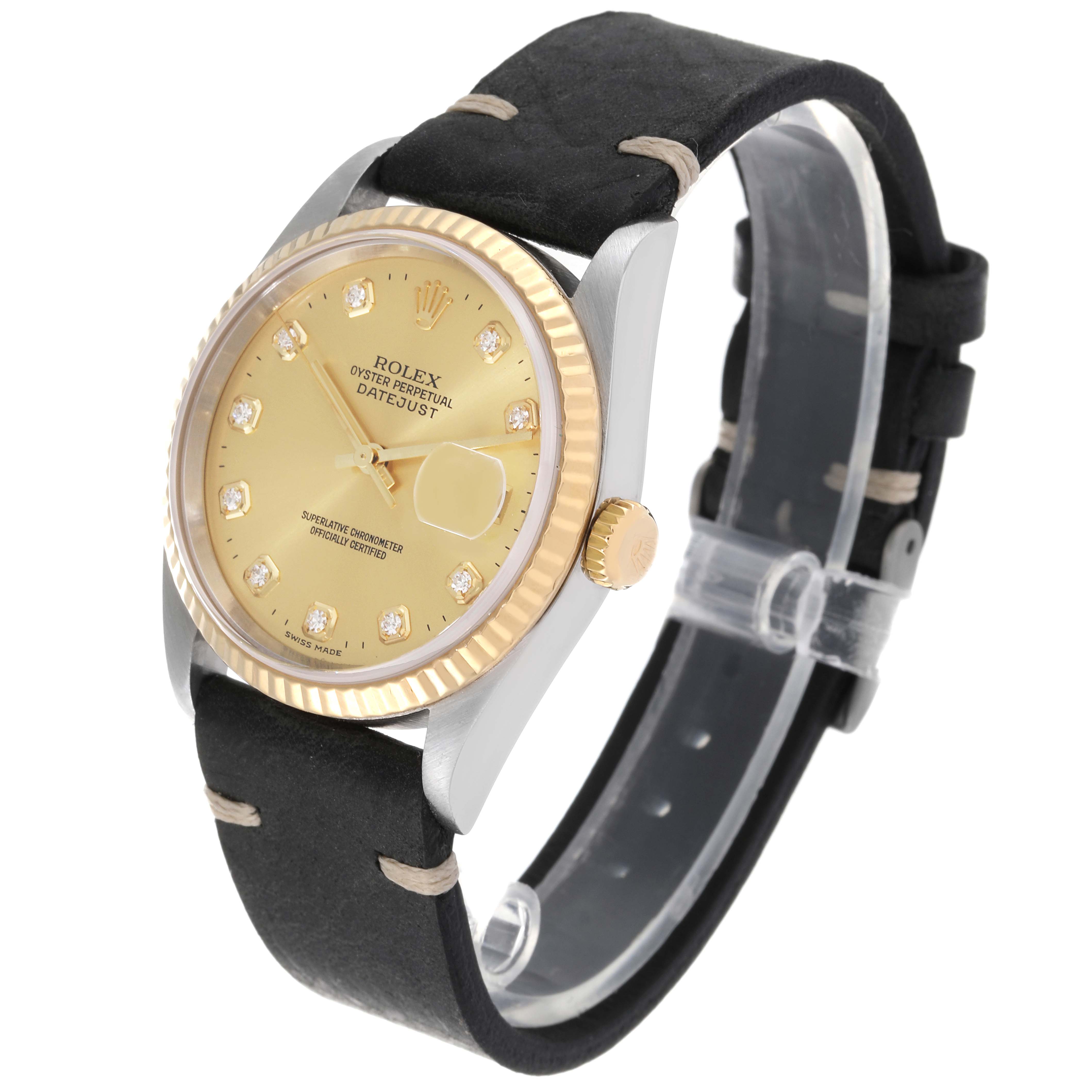 The Rolex Datejust 16233 Men's Steel and Gold (two tone) Champagne Dial 16233 Men's Steel and Gold (two tone) Champagne Dial watch is shown at a slight angle, highlighting its face, bezel, crown, and part of the black leather strap.