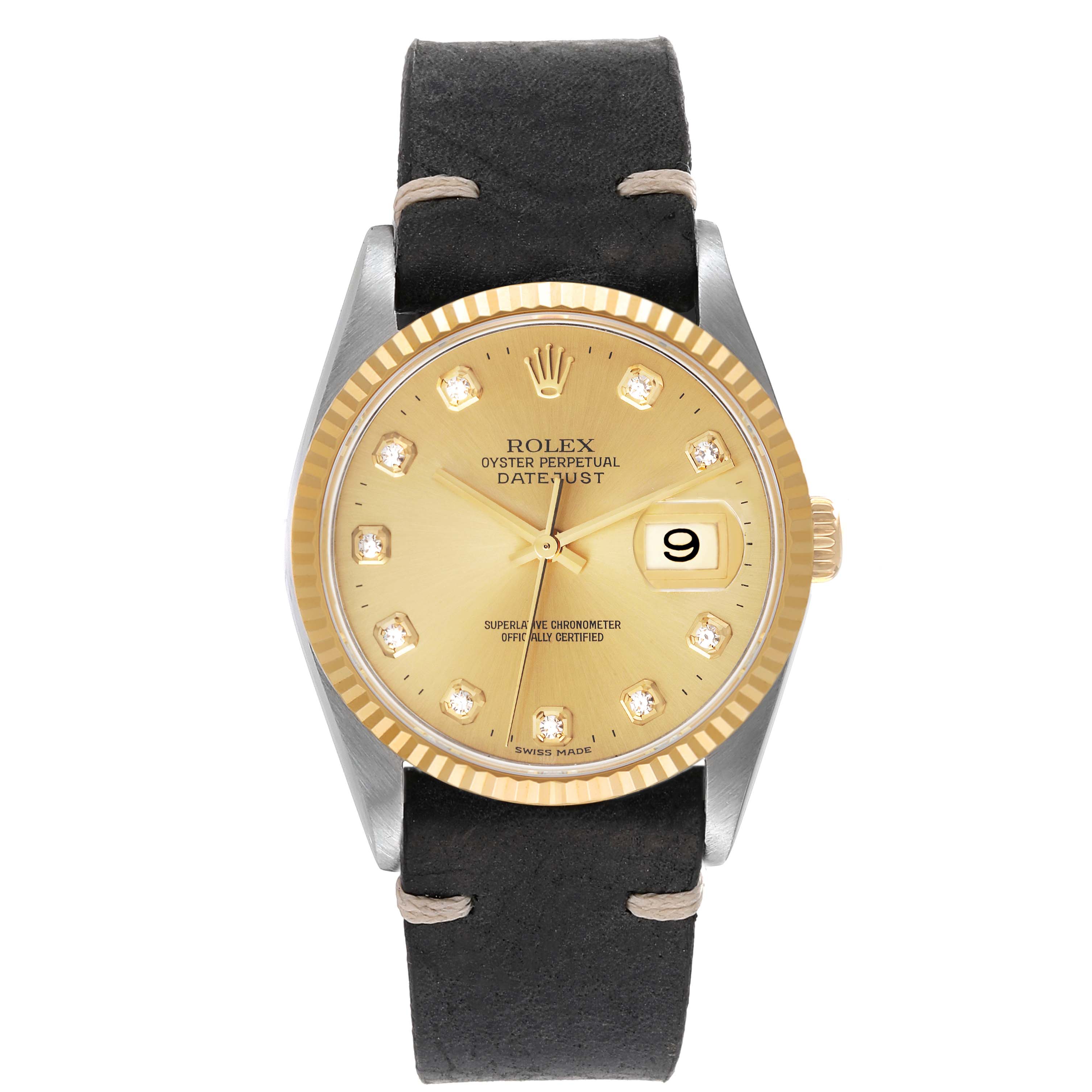 The Rolex Datejust 16233 Men's Steel and Gold (two tone) Champagne Dial 16233 Men's Steel and Gold (two tone) Champagne Dial watch is shown from a front angle, displaying its gold dial, diamond hour markers, date window, and black leather strap.