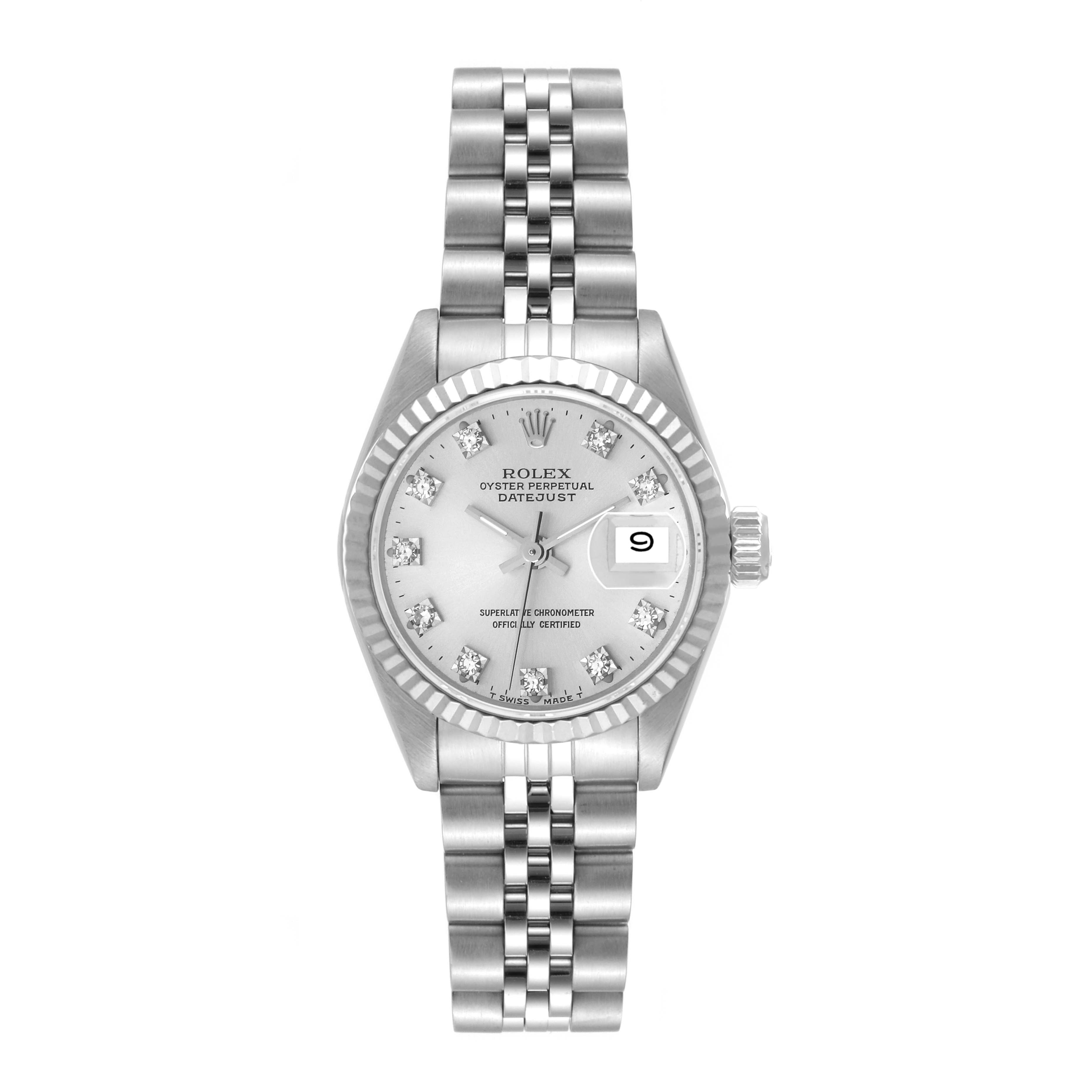 The image shows a Rolex Datejust 69174 Women's Stainless Steel Silver Dial 69174 Women's Stainless Steel Silver Dial watch from the front, featuring its dial, bezel, and bracelet.