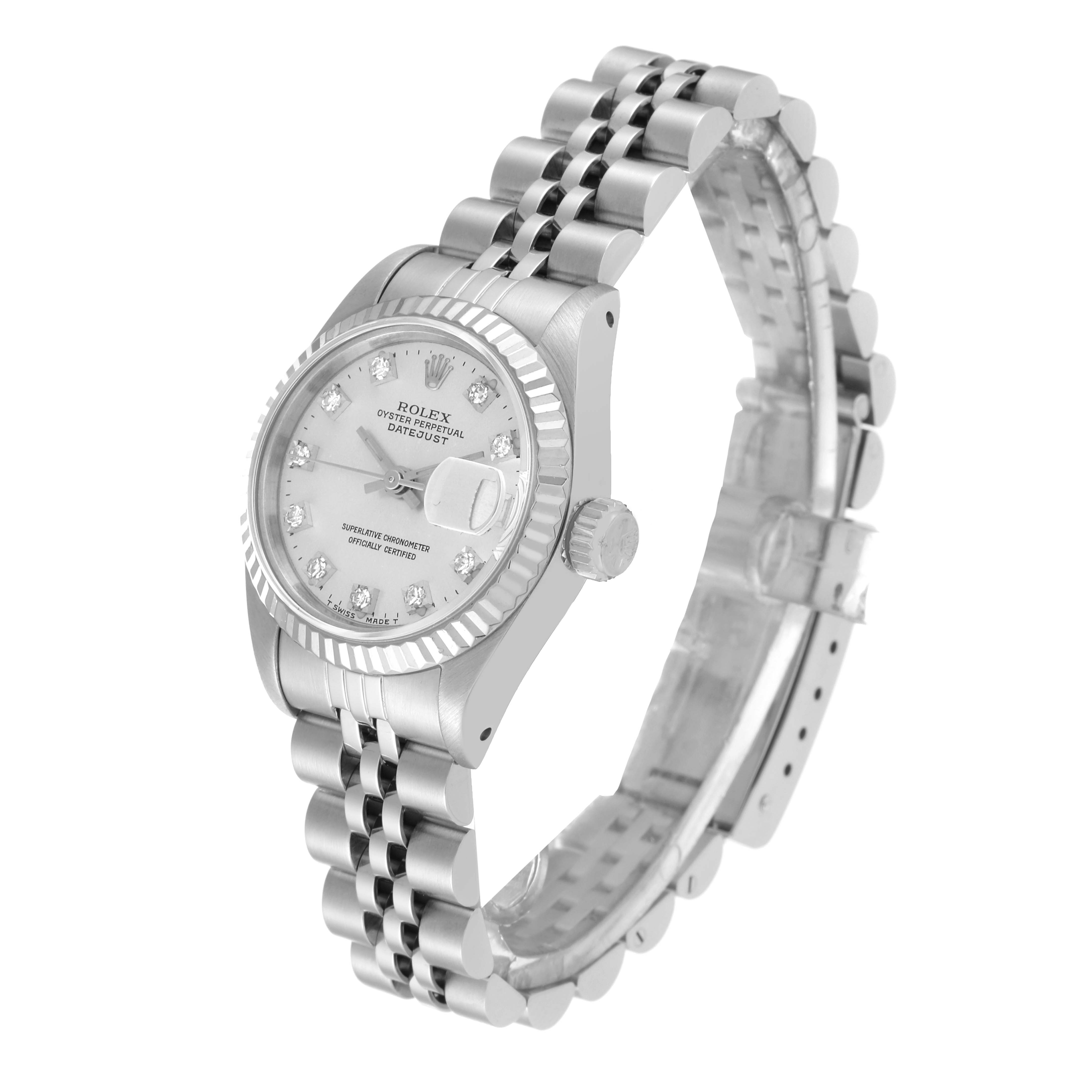 The image shows a Rolex Datejust 69174 Women's Stainless Steel Silver Dial 69174 Women's Stainless Steel Silver Dial watch at a three-quarter angle, detailing the face, bezel, crown, and Jubilee bracelet.