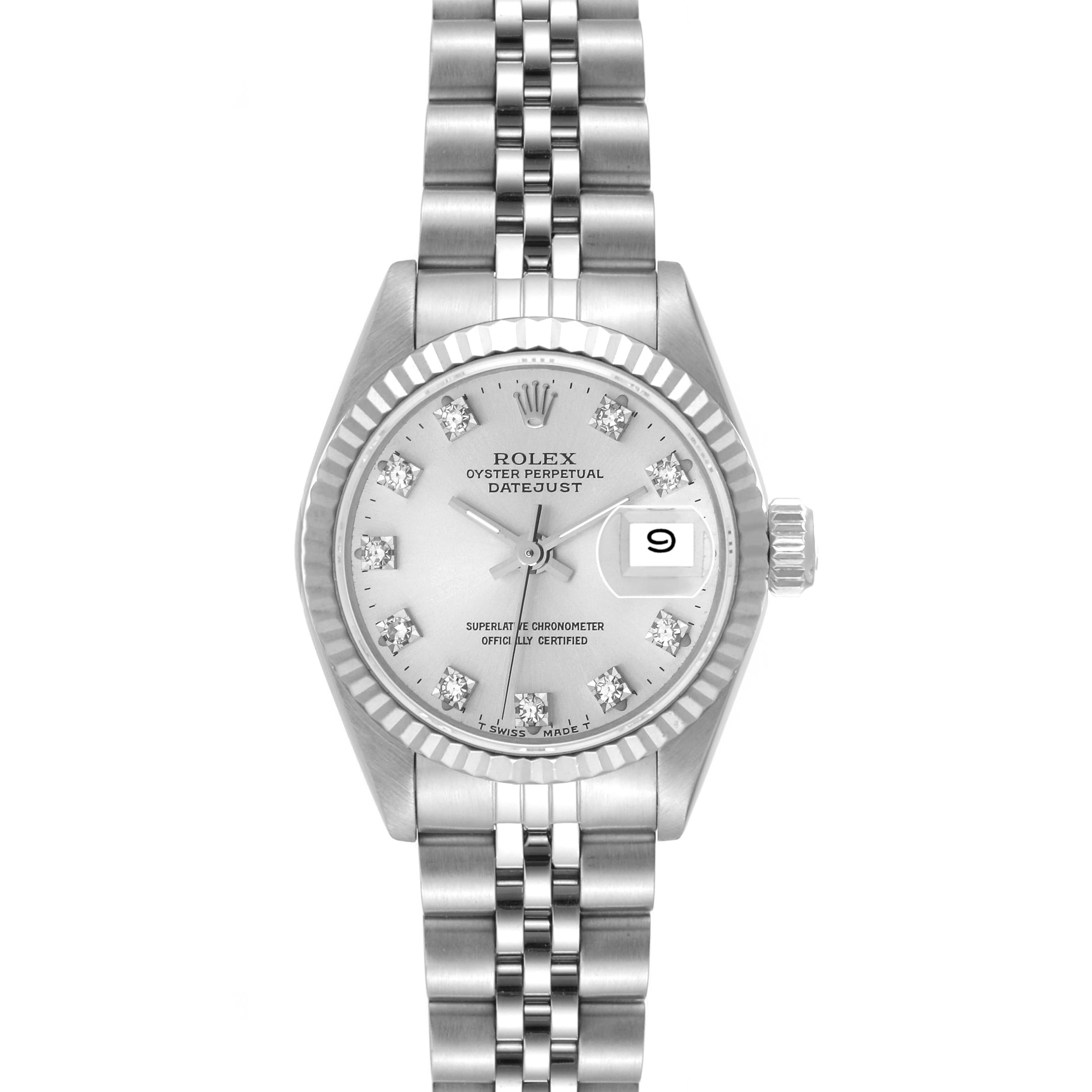 This is a front view of the Rolex Datejust 69174 Women's Stainless Steel Silver Dial 69174 Women's Stainless Steel Silver Dial watch featuring a stainless steel Jubilee bracelet and a diamond-accented dial with a date display.