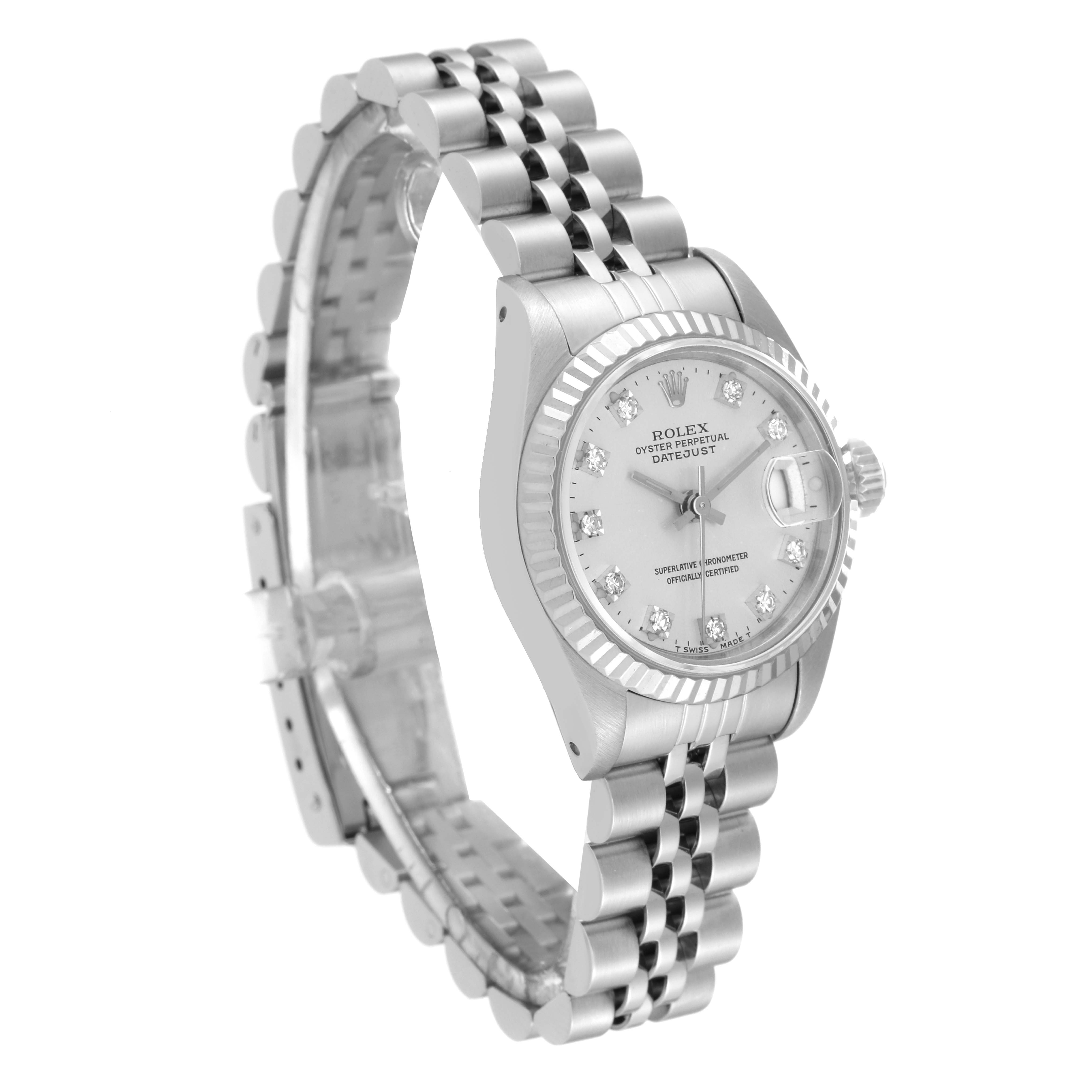 The Rolex Datejust 69174 Women's Stainless Steel Silver Dial 69174 Women's Stainless Steel Silver Dial watch is shown at an angled front view, highlighting the face, bezel, and band.