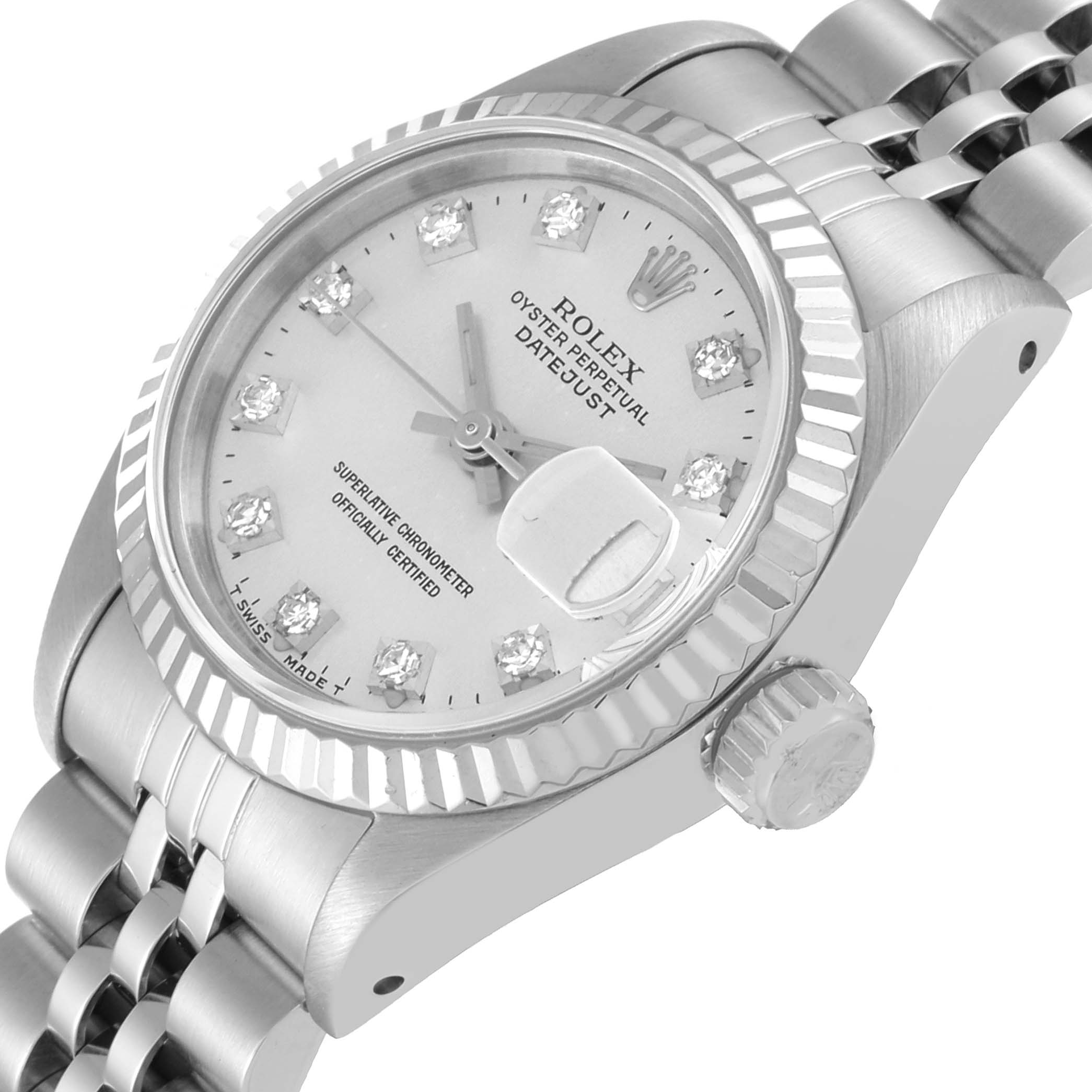 This image shows a side angle view of a Rolex Datejust 69174 Women's Stainless Steel Silver Dial 69174 Women's Stainless Steel Silver Dial, featuring its dial, crown, bezel, and part of the bracelet.
