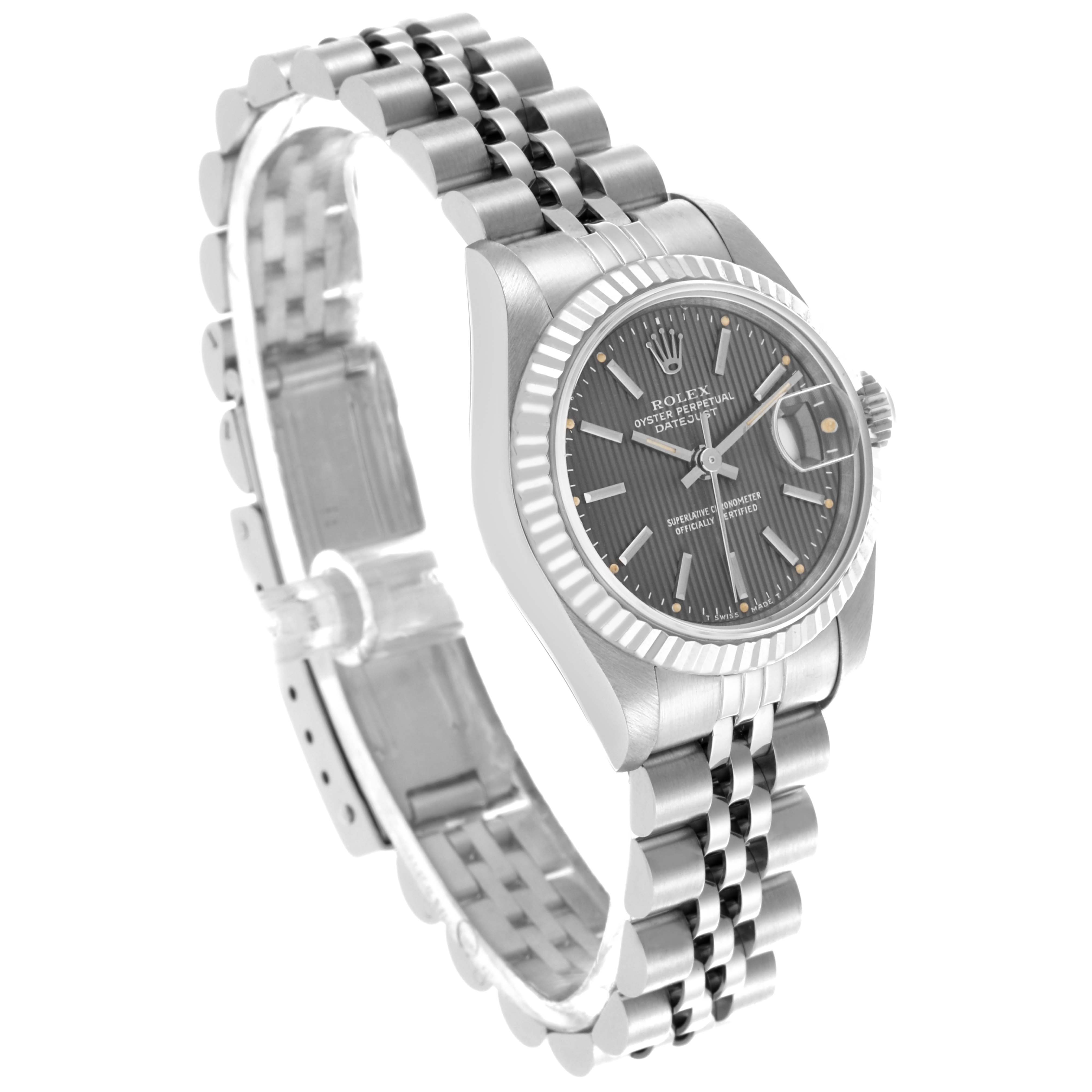 This image shows a Rolex Datejust 69174 Women's Stainless Steel Grey Dial 69174 Women's Stainless Steel Grey Dial watch at a three-quarter angle, highlighting the dial, fluted bezel, and Jubilee bracelet.
