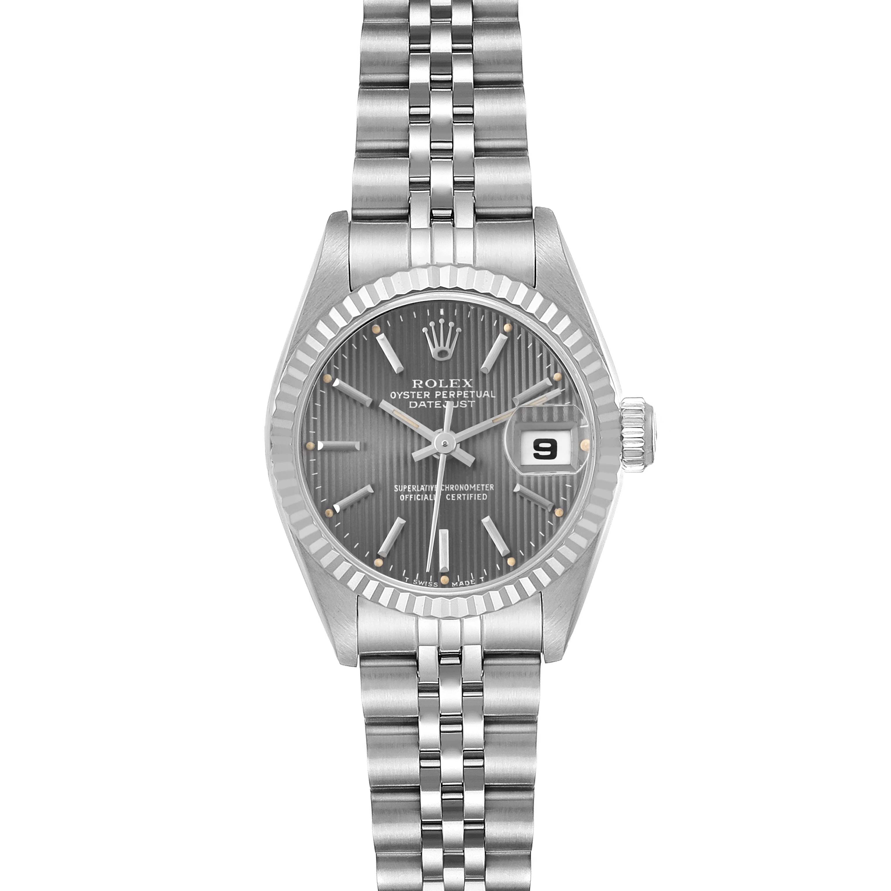 The Rolex Datejust 69174 Women's Stainless Steel Grey Dial 69174 Women's Stainless Steel Grey Dial watch is shown from the front, displaying the face, bezel, and bracelet.