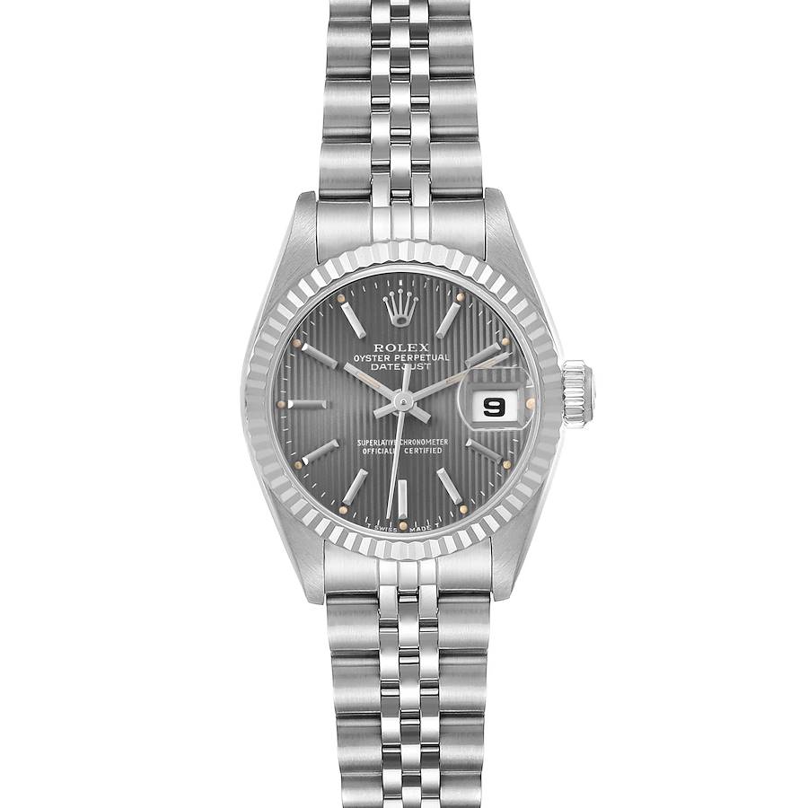 The Rolex Datejust watch is shown from the front, displaying the face, bezel, and bracelet.