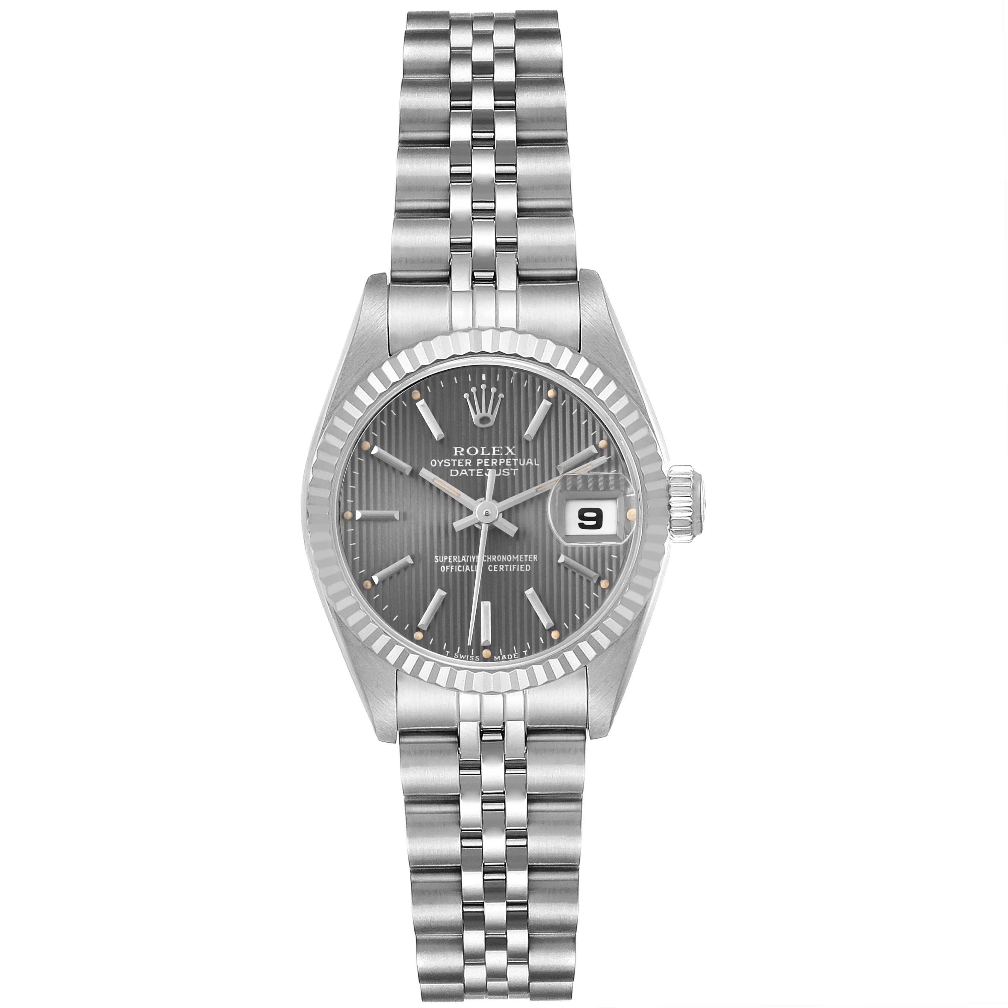 The Rolex Datejust 69174 Women's Stainless Steel Grey Dial 69174 Women's Stainless Steel Grey Dial watch is shown from a frontal angle, displaying the dial, bezel, and Jubilee bracelet.