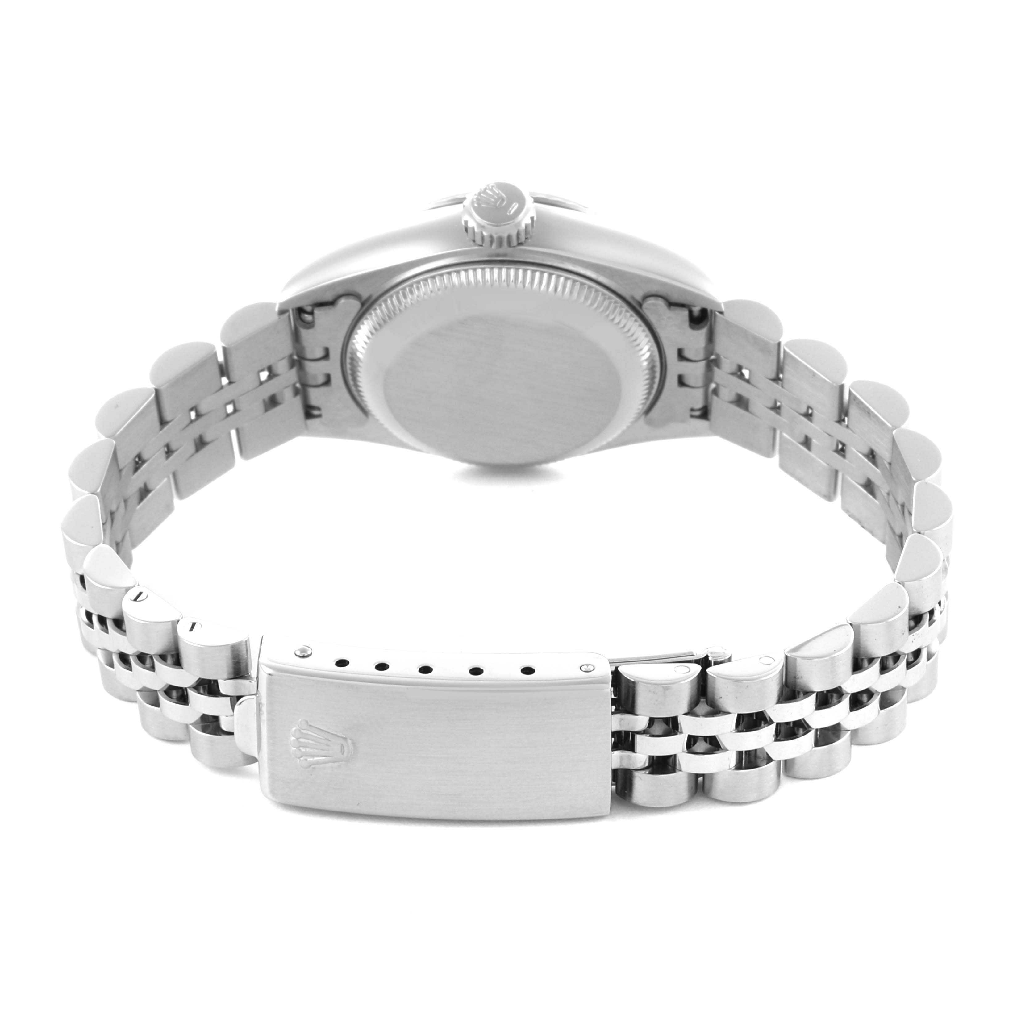 The image shows the back view of the Rolex Datejust 69174 Women's Stainless Steel Grey Dial 69174 Women's Stainless Steel Grey Dial, highlighting the case back and bracelet with a visible clasp.