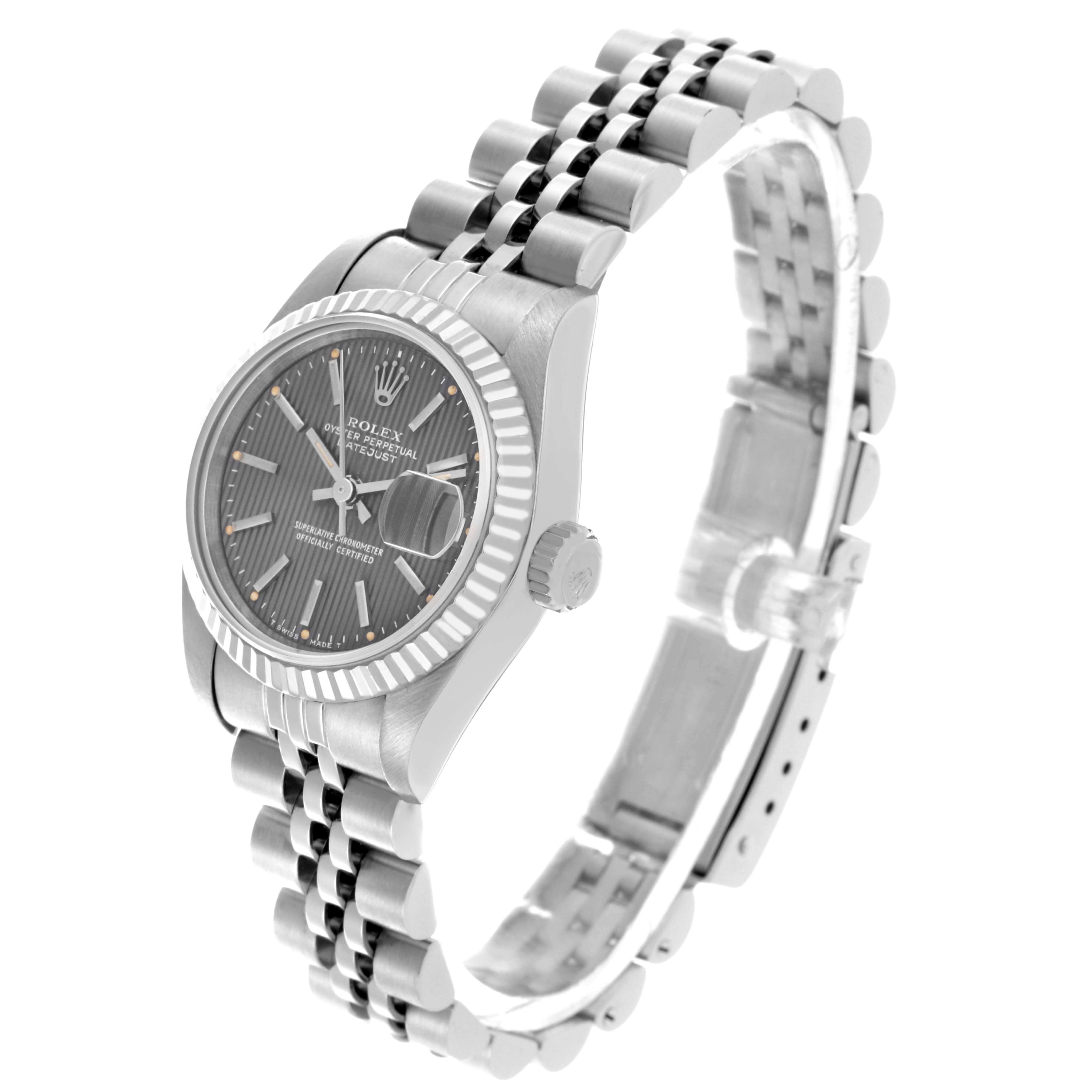 The Rolex Datejust 69174 Women's Stainless Steel Grey Dial 69174 Women's Stainless Steel Grey Dial watch is shown at an angle displaying the face, bezel, crown, and jubilee bracelet.