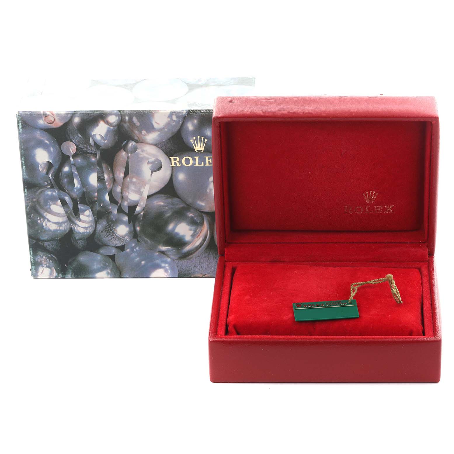 The image shows the packaging for a Rolex Datejust 69174 Women's Stainless Steel Grey Dial 69174 Women's Stainless Steel Grey Dial watch, including an open red box and a decorative outer box.