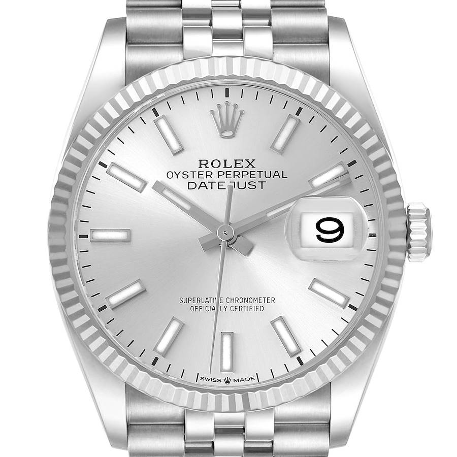 The Rolex Datejust watch is shown from a frontal angle displaying the dial, bezel, and bracelet links.