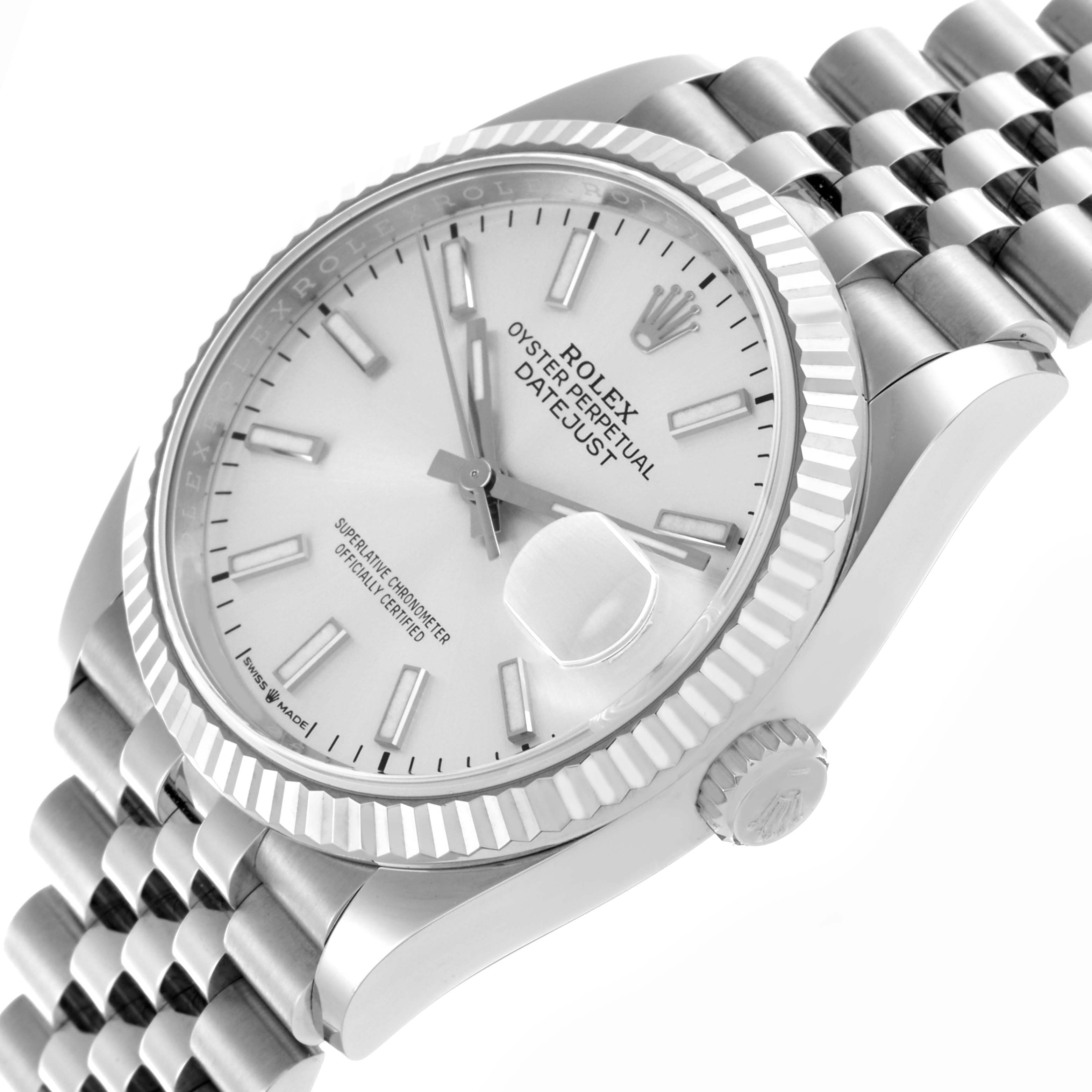 The Rolex Datejust 126234 Men's Stainless Steel Silver Dial 126234 Men's Stainless Steel Silver Dial watch is shown at a tilted angle, highlighting the dial, fluted bezel, cyclops lens, and jubilee bracelet.
