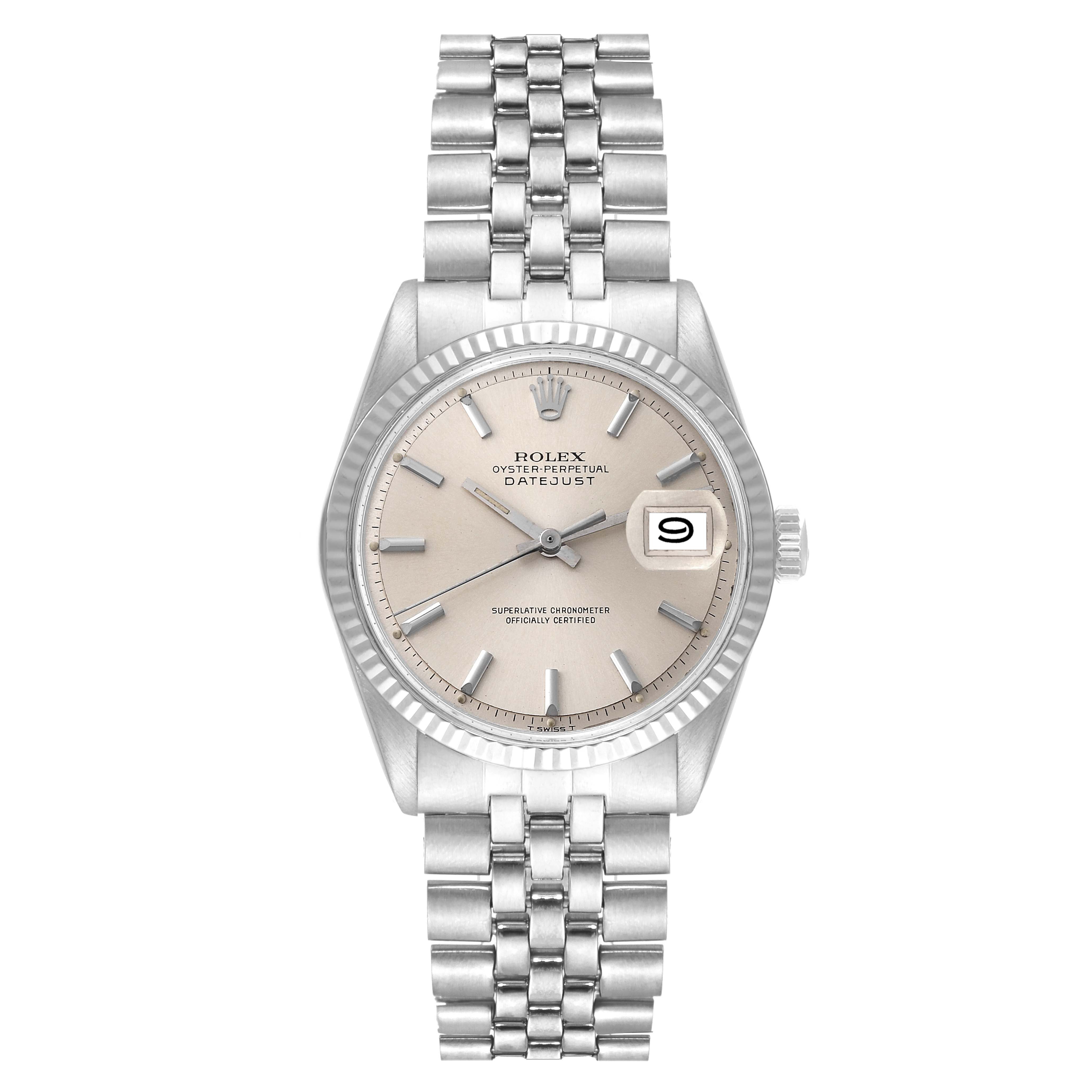 The image shows a front view of the Rolex Vintage Collection 1601 Men's Stainless Steel Silver Dial 1601 Men's Stainless Steel Silver Dial Oyster Perpetual Datejust watch.