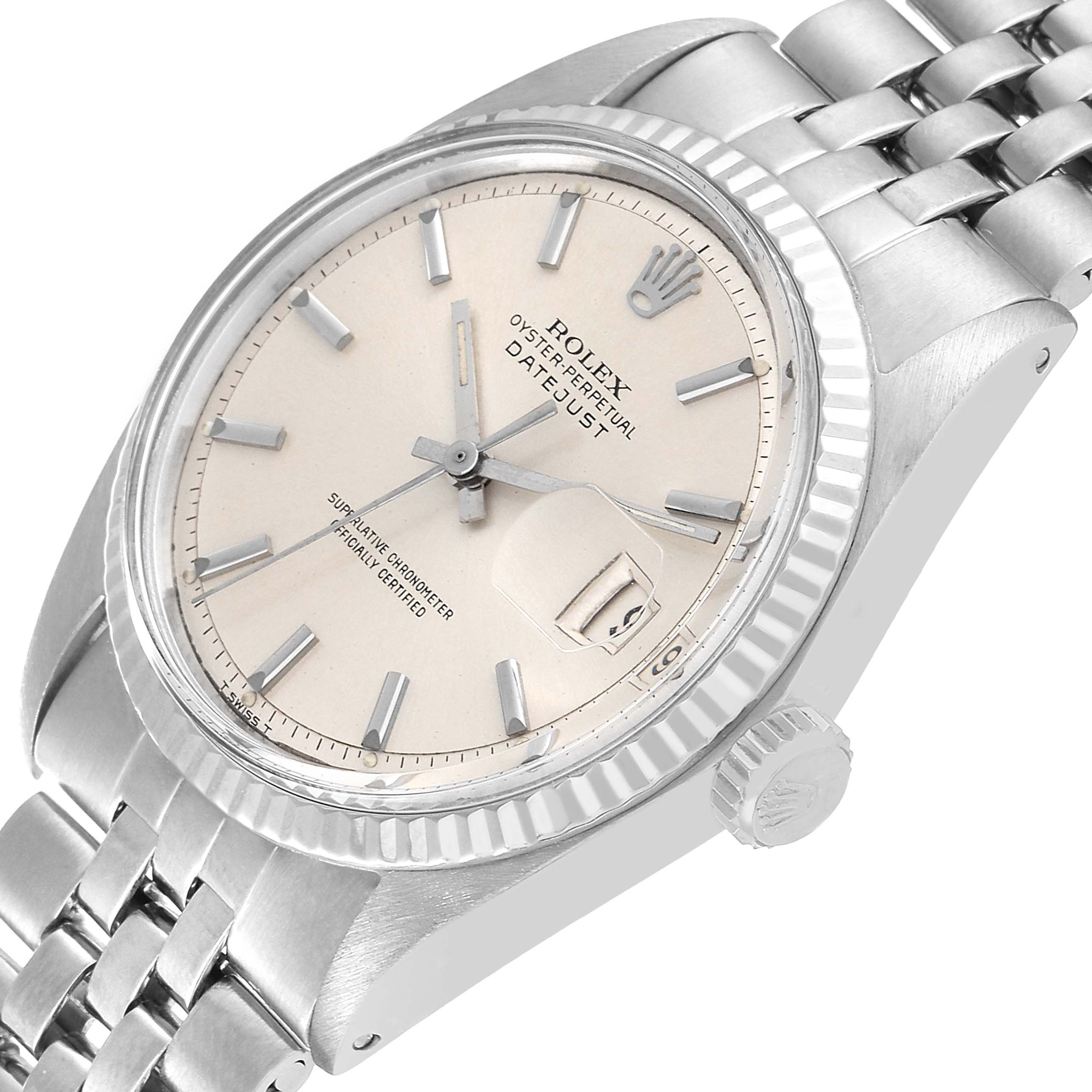 The Rolex Vintage Collection 1601 Men's Stainless Steel Silver Dial 1601 Men's Stainless Steel Silver Dial model is shown at an angled view, highlighting the dial, bezel, crown, and part of the bracelet.