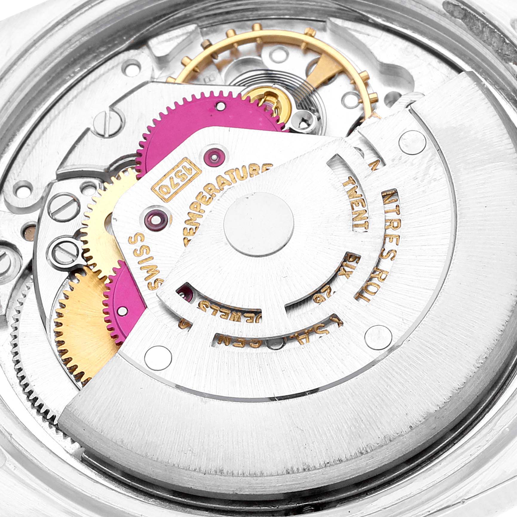 This image shows the intricate internal mechanics of the Rolex Vintage Collection 1601 Men's Stainless Steel Silver Dial 1601 Men's Stainless Steel Silver Dial model at a close-up angle.