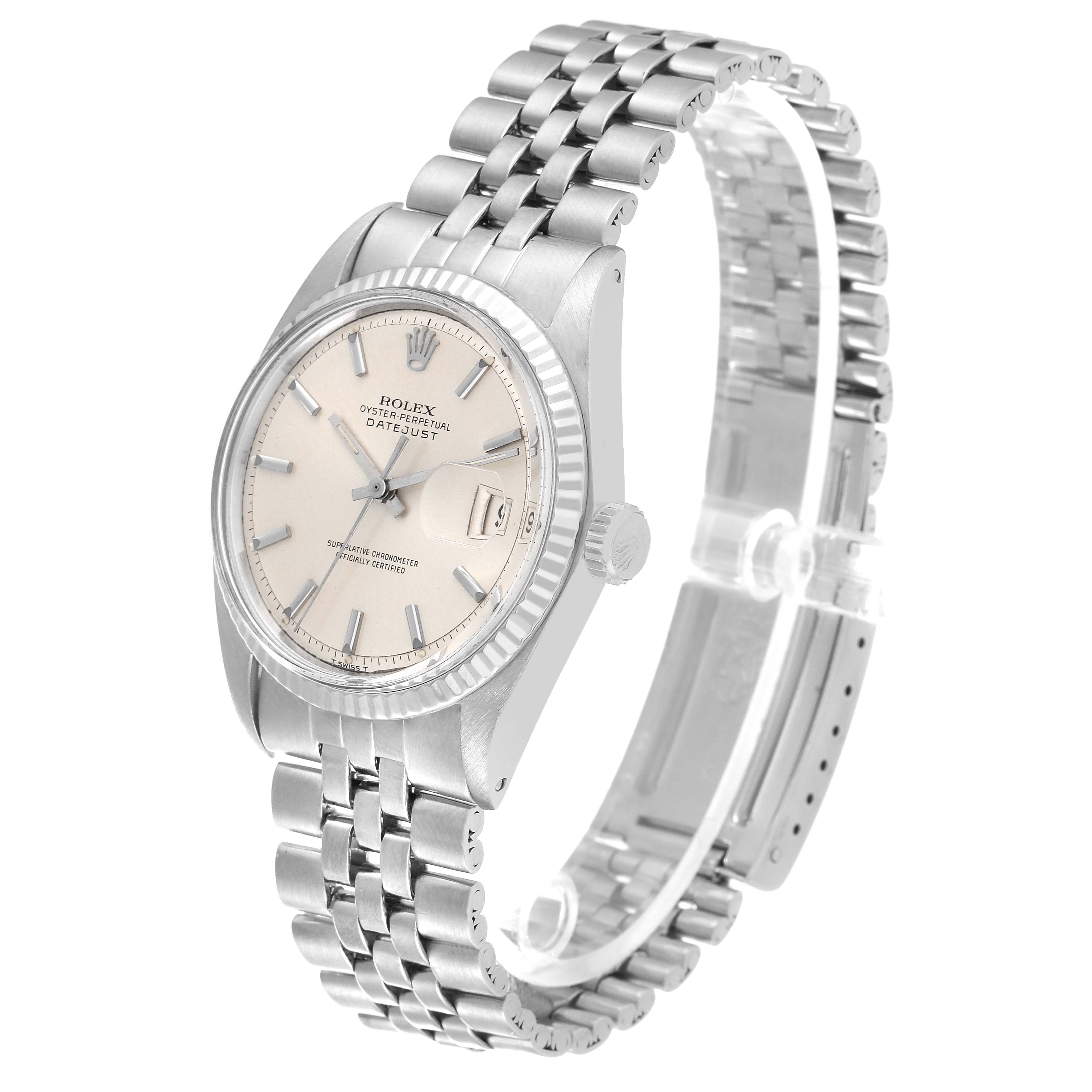 The image shows a Rolex Vintage Collection 1601 Men's Stainless Steel Silver Dial 1601 Men's Stainless Steel Silver Dial Datejust watch at a three-quarter angle, highlighting the face, bezel, crown, and bracelet.