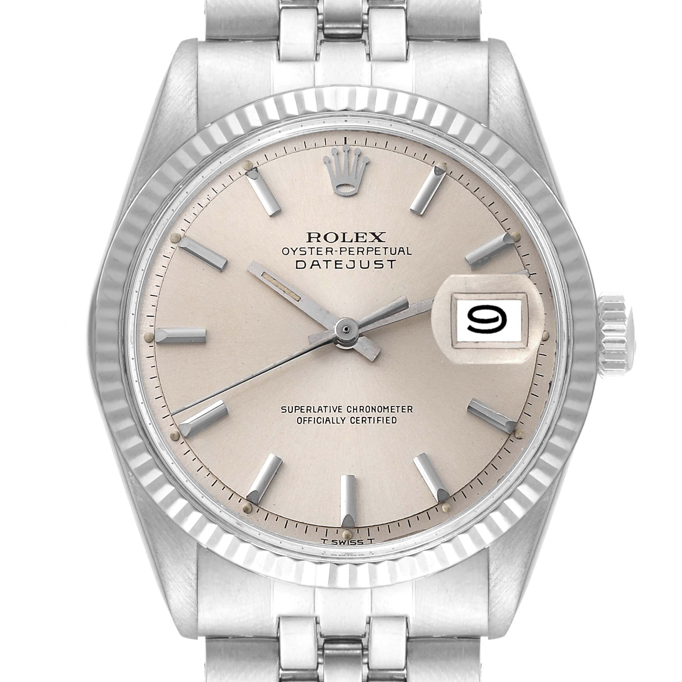This is a close-up front view of the dial and bracelet of the Rolex Vintage Collection 1601 Men's Stainless Steel Silver Dial 1601 Men's Stainless Steel Silver Dial Oyster Perpetual Datejust watch.