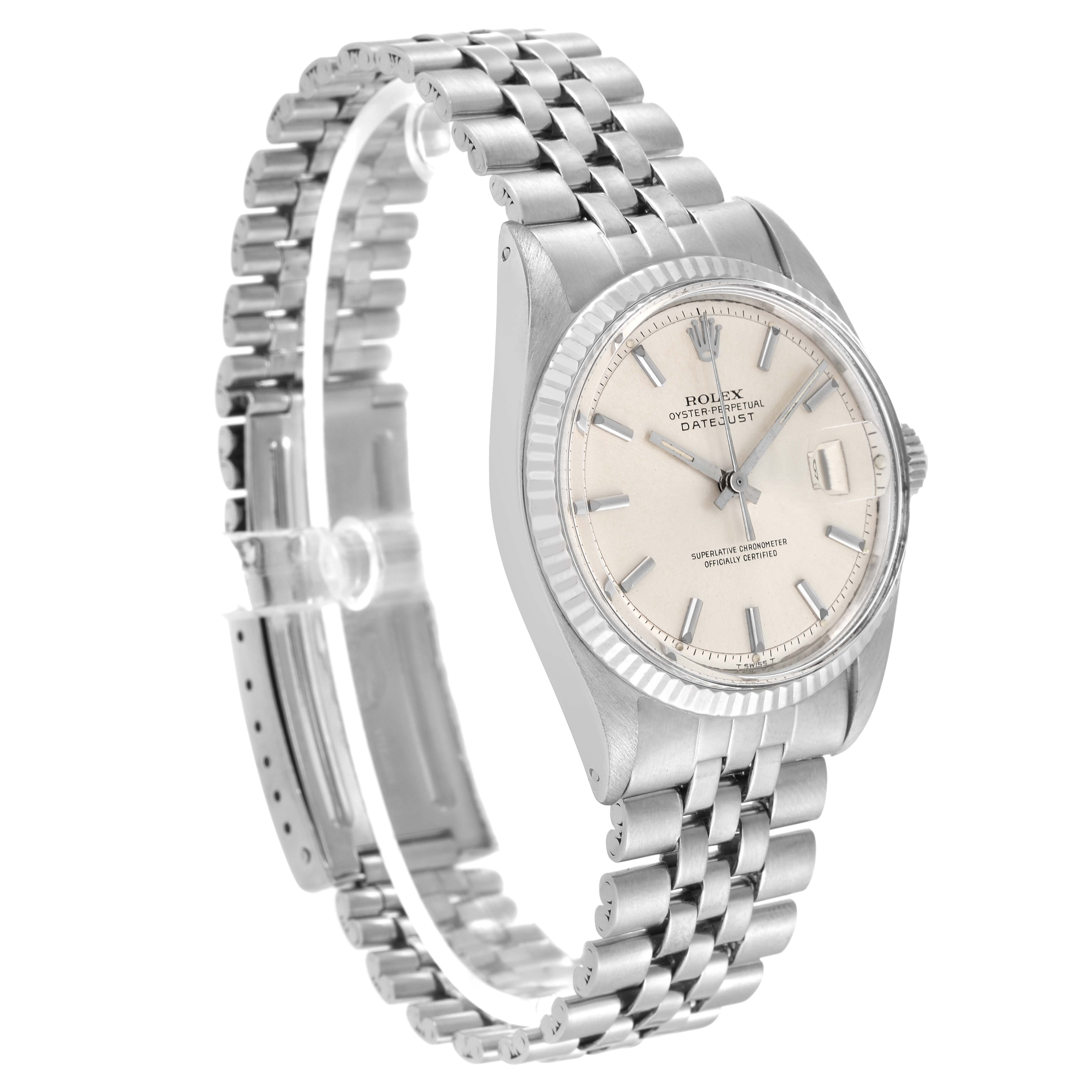 The image shows a side angle of a Rolex Vintage Collection 1601 Men's Stainless Steel Silver Dial 1601 Men's Stainless Steel Silver Dial model watch, displaying its dial, bezel, and bracelet.