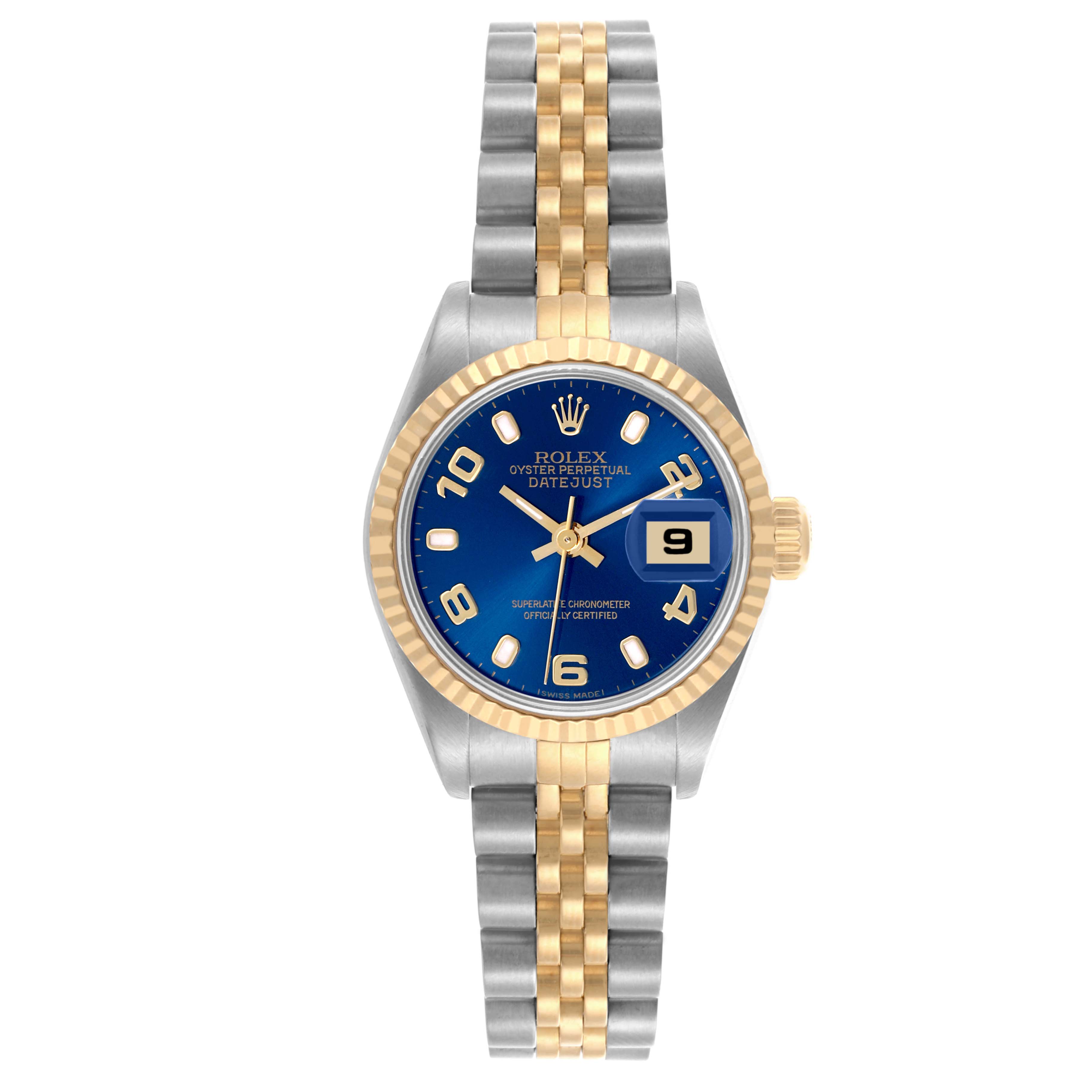 The Rolex Datejust 79173 Women's Steel and Gold (two tone) Blue Dial 79173 Women's Steel and Gold (two tone) Blue Dial watch is shown from a top-down angle, highlighting the bezel, dial, and Jubilee bracelet.