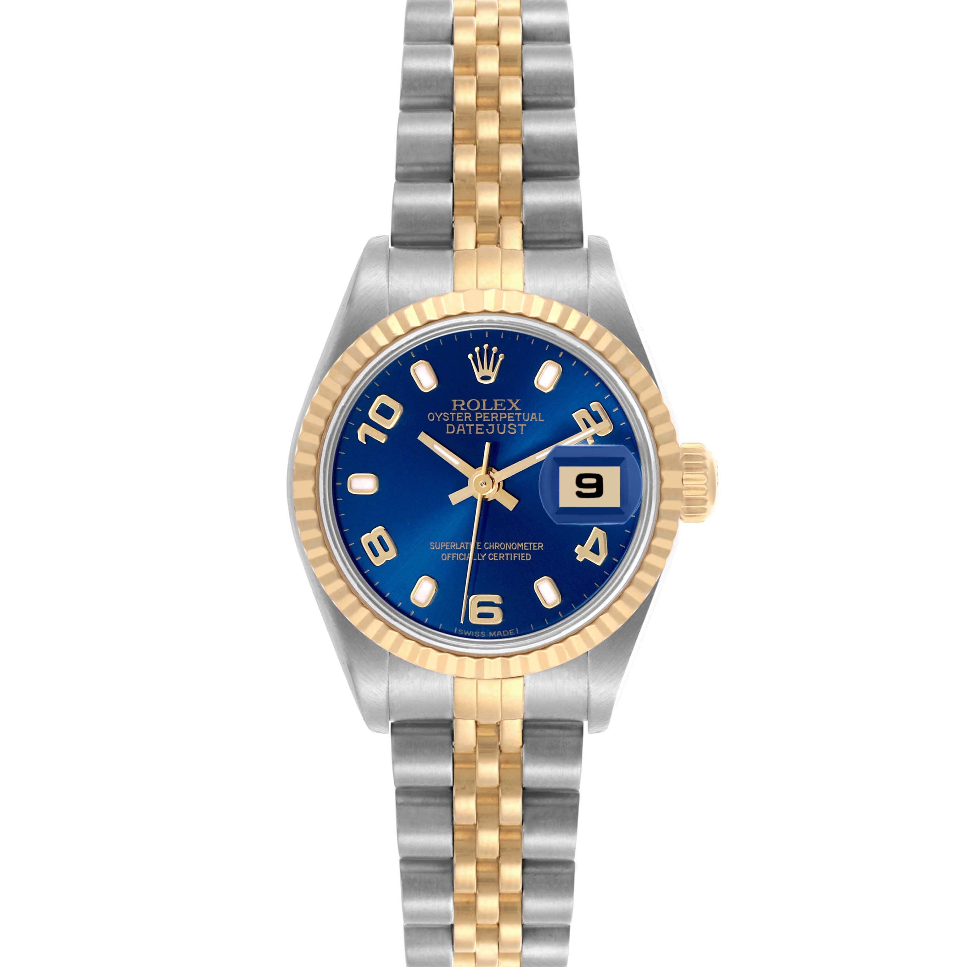 The Rolex Datejust 79173 Women's Steel and Gold (two tone) Blue Dial 79173 Women's Steel and Gold (two tone) Blue Dial watch is shown from a front angle, highlighting the dial, bezel, and bracelet.