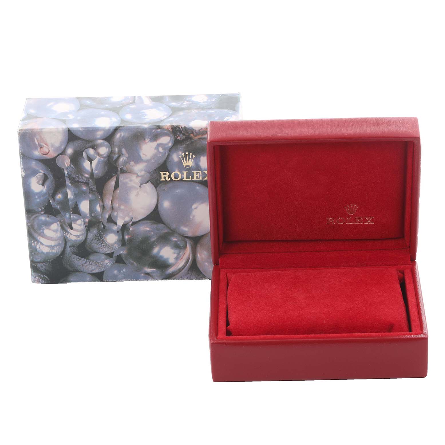 The image shows a Rolex Datejust 79173 Women's Steel and Gold (two tone) Blue Dial 79173 Women's Steel and Gold (two tone) Blue Dial box and packaging, viewed from the front, with the box open and no watch inside.