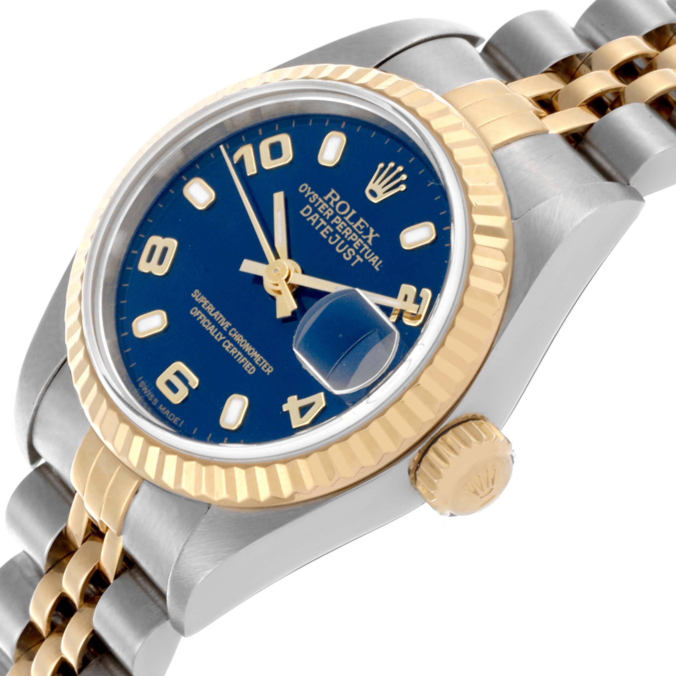 The Rolex Datejust 79173 Women's Steel and Gold (two tone) Blue Dial 79173 Women's Steel and Gold (two tone) Blue Dial watch is shown at an angled close-up, highlighting the blue dial, gold bezel, and two-tone bracelet.