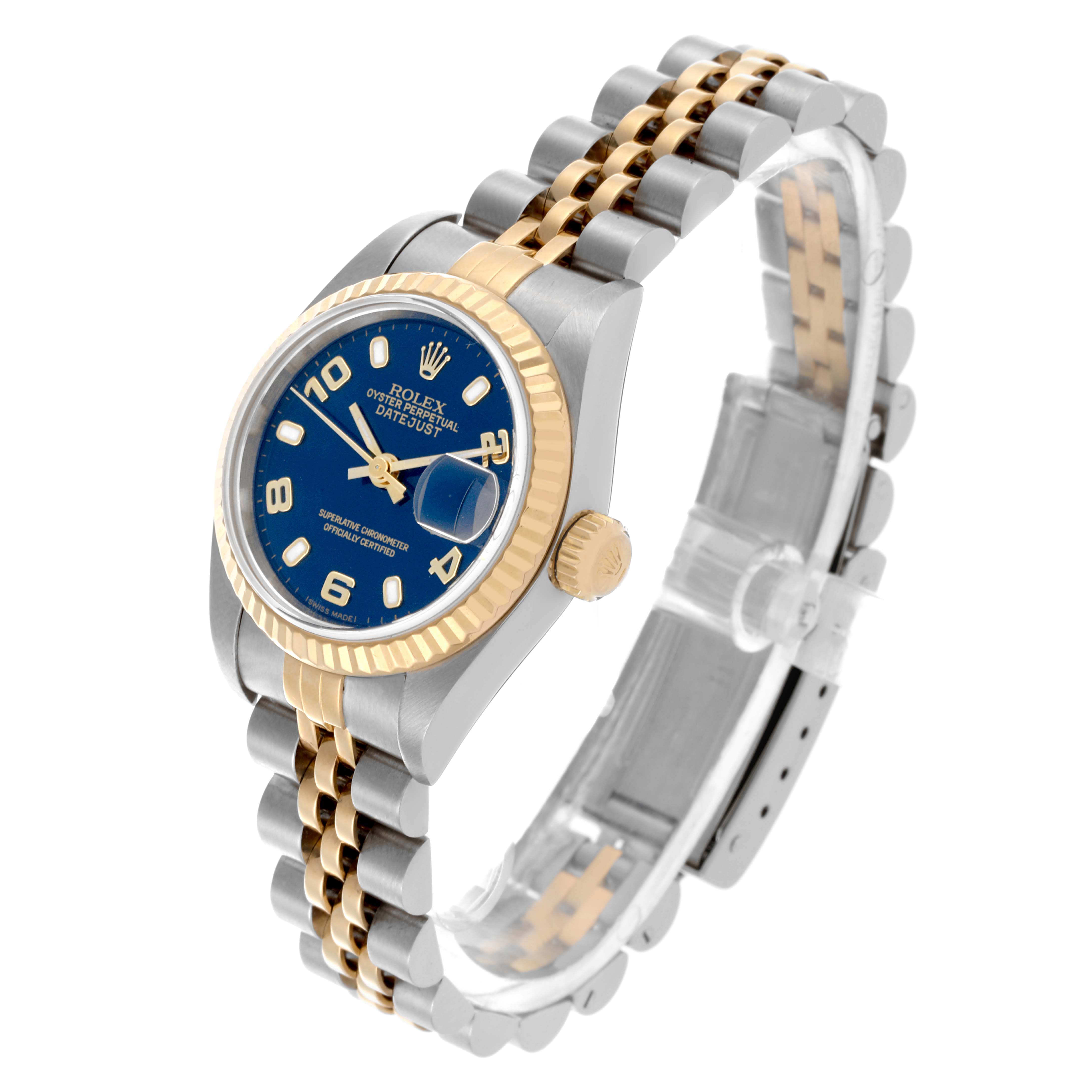 The Rolex Datejust 79173 Women's Steel and Gold (two tone) Blue Dial 79173 Women's Steel and Gold (two tone) Blue Dial watch is shown at a three-quarter angle, displaying its dial, bracelet, bezel, and crown.