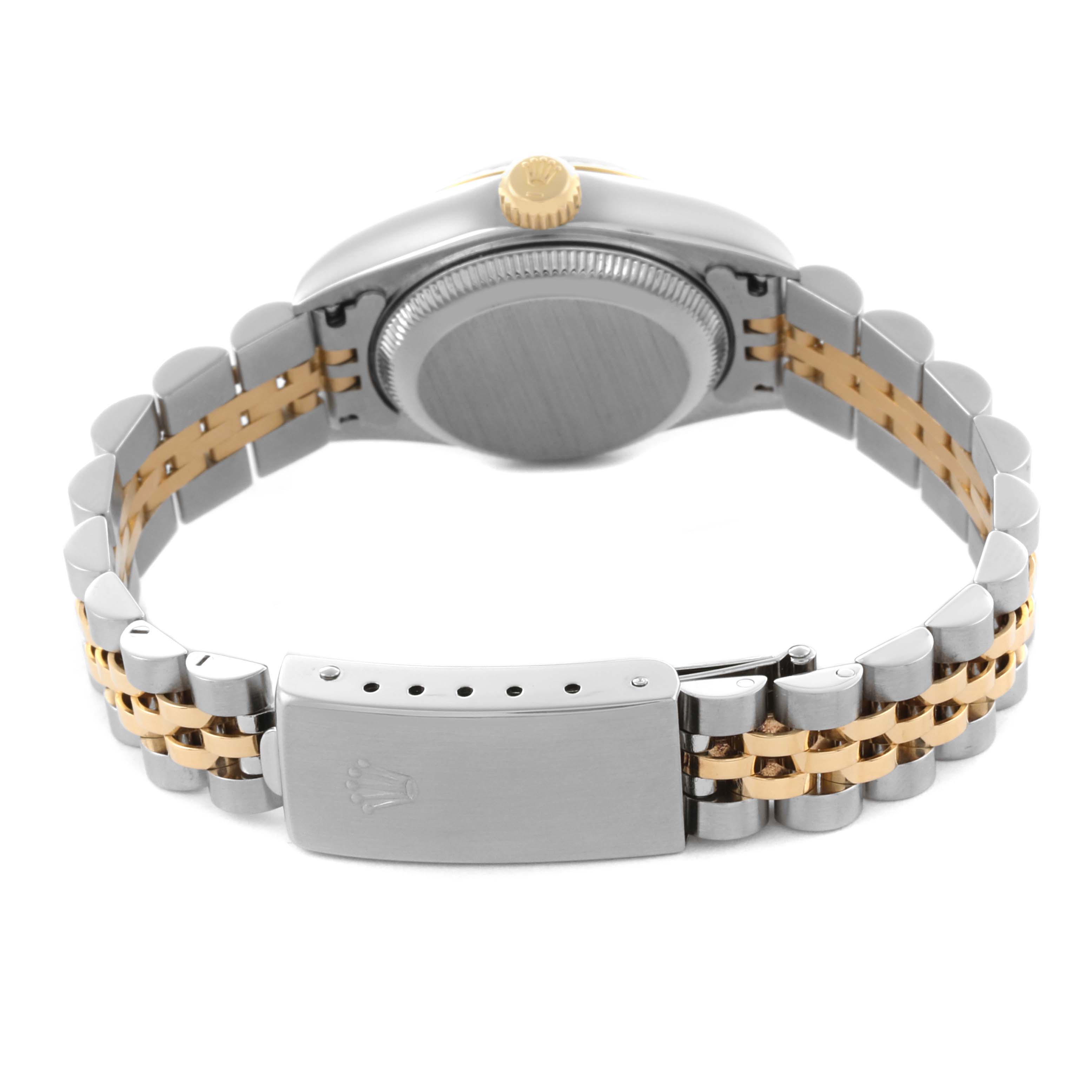 The image shows the back of the Rolex Datejust 79173 Women's Steel and Gold (two tone) Blue Dial 79173 Women's Steel and Gold (two tone) Blue Dial watch, highlighting the case back, crown, and two-tone Jubilee bracelet with clasp.