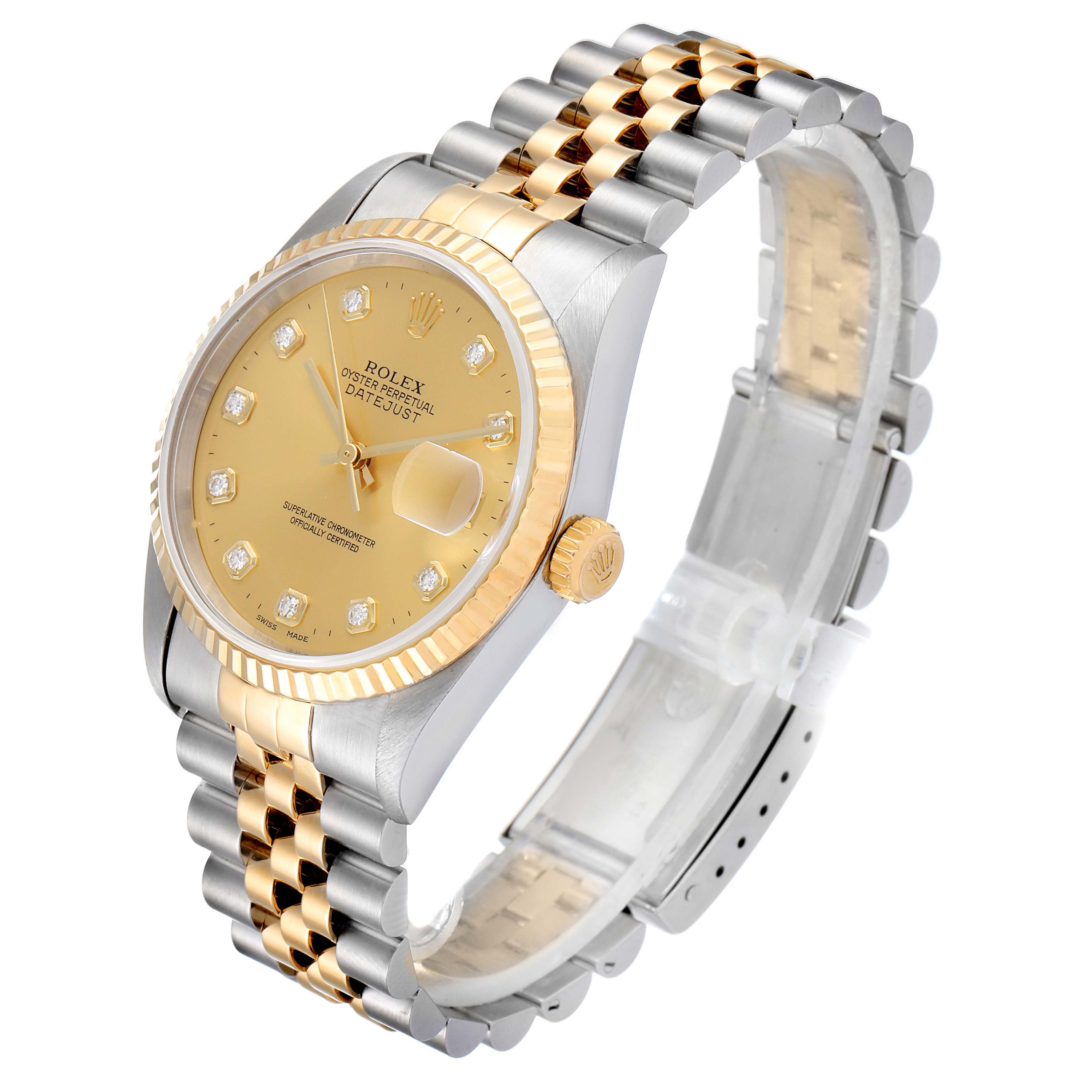 The Rolex Datejust 16233 Men's Steel and Gold (two tone) Champagne Dial 16233 Men's Steel and Gold (two tone) Champagne Dial watch is shown at an angle featuring the face, bezel, crown, and part of the bracelet.