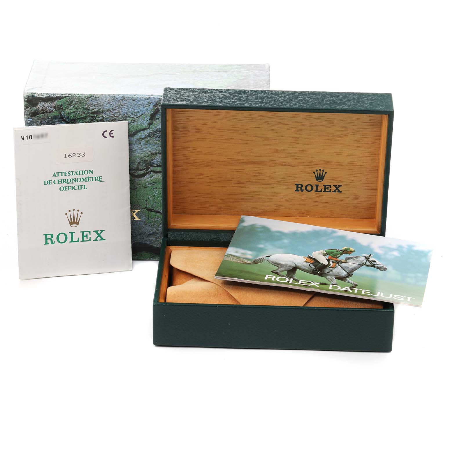 This image shows the packaging, instruction manual, and warranty card for a Rolex Datejust 16233 Men's Steel and Gold (two tone) Champagne Dial 16233 Men's Steel and Gold (two tone) Champagne Dial watch.