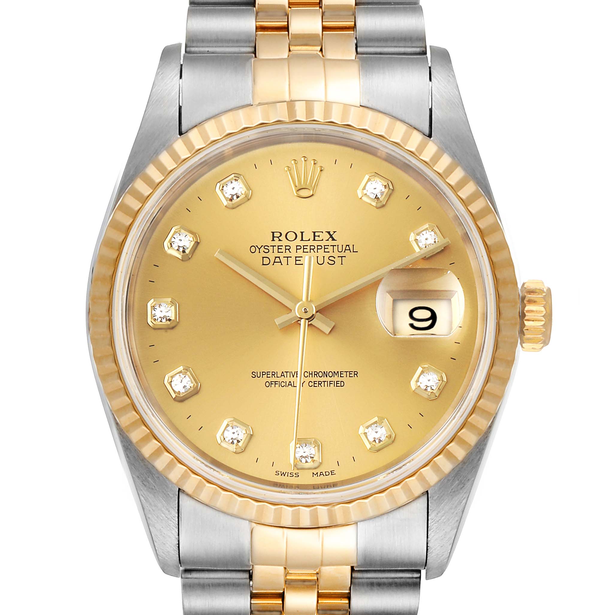 This image shows a frontal view of the Rolex Datejust 16233 Men's Steel and Gold (two tone) Champagne Dial 16233 Men's Steel and Gold (two tone) Champagne Dial watch, highlighting the dial, hands, date window, bezel, and bracelet.
