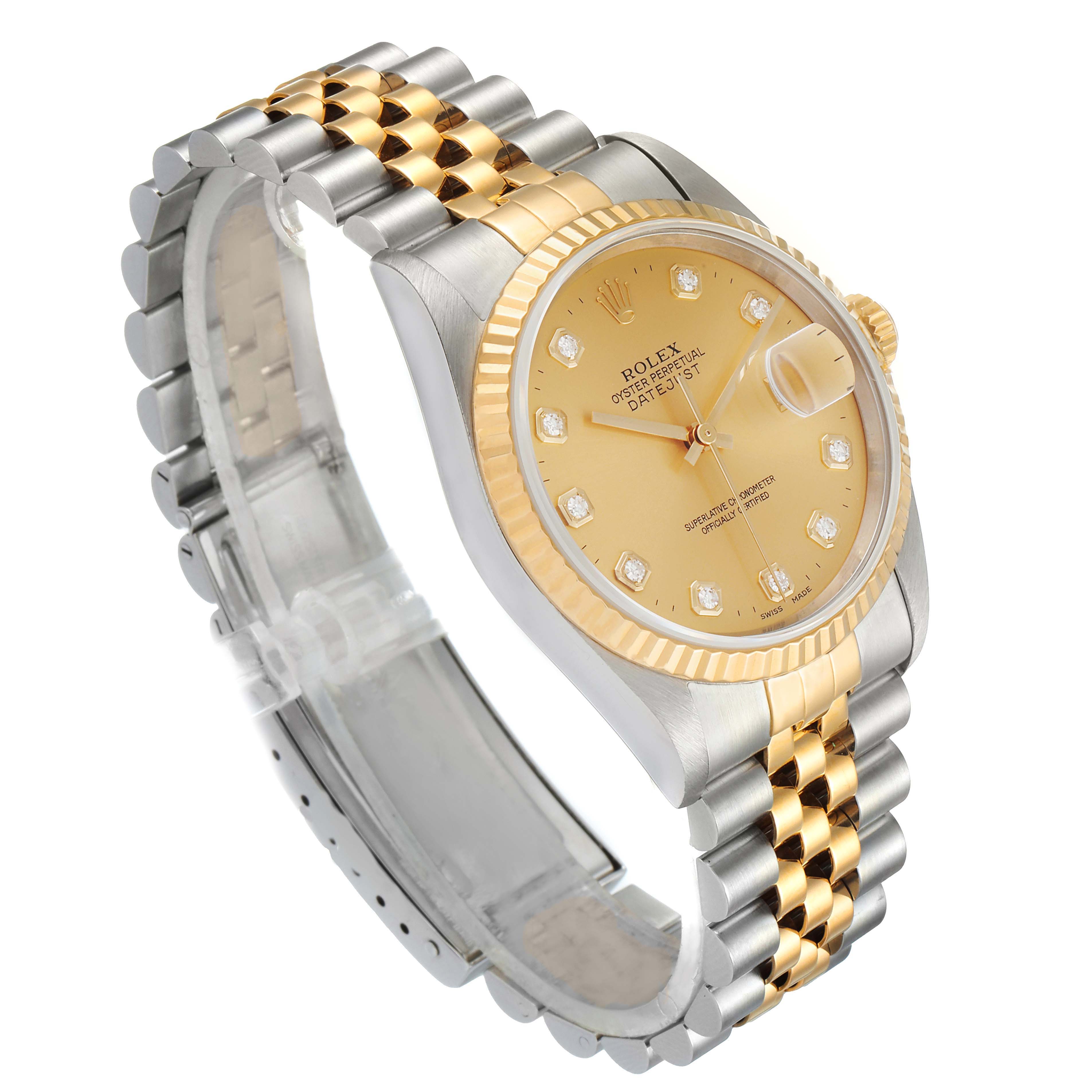 The image shows a Rolex Datejust 16233 Men's Steel and Gold (two tone) Champagne Dial 16233 Men's Steel and Gold (two tone) Champagne Dial watch at a tilted angle, highlighting the dial, bezel, and two-tone bracelet.