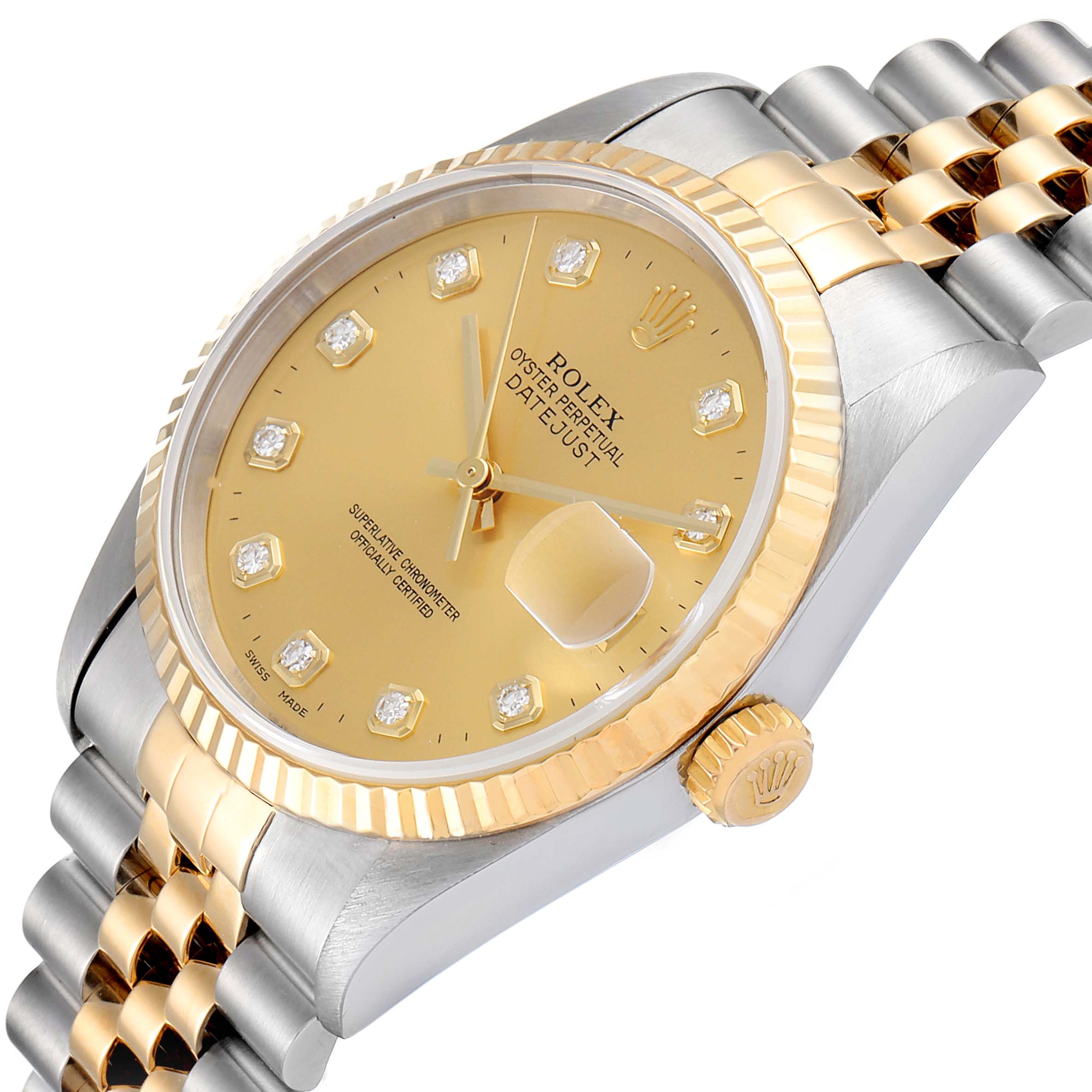 This image shows a Rolex Datejust 16233 Men's Steel and Gold (two tone) Champagne Dial 16233 Men's Steel and Gold (two tone) Champagne Dial watch at an angle highlighting the dial, bezel, crown, and part of the bracelet.