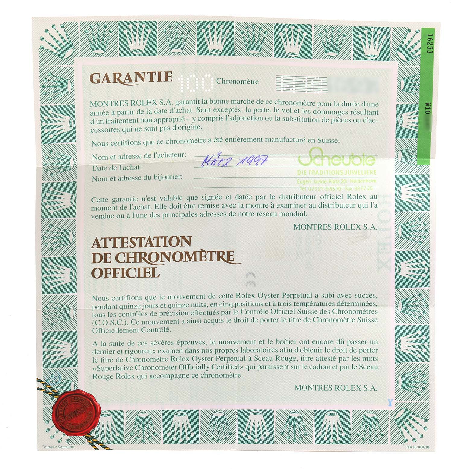 The image shows an official warranty and certificate papers for a Datejust model by Rolex, laid out flat.