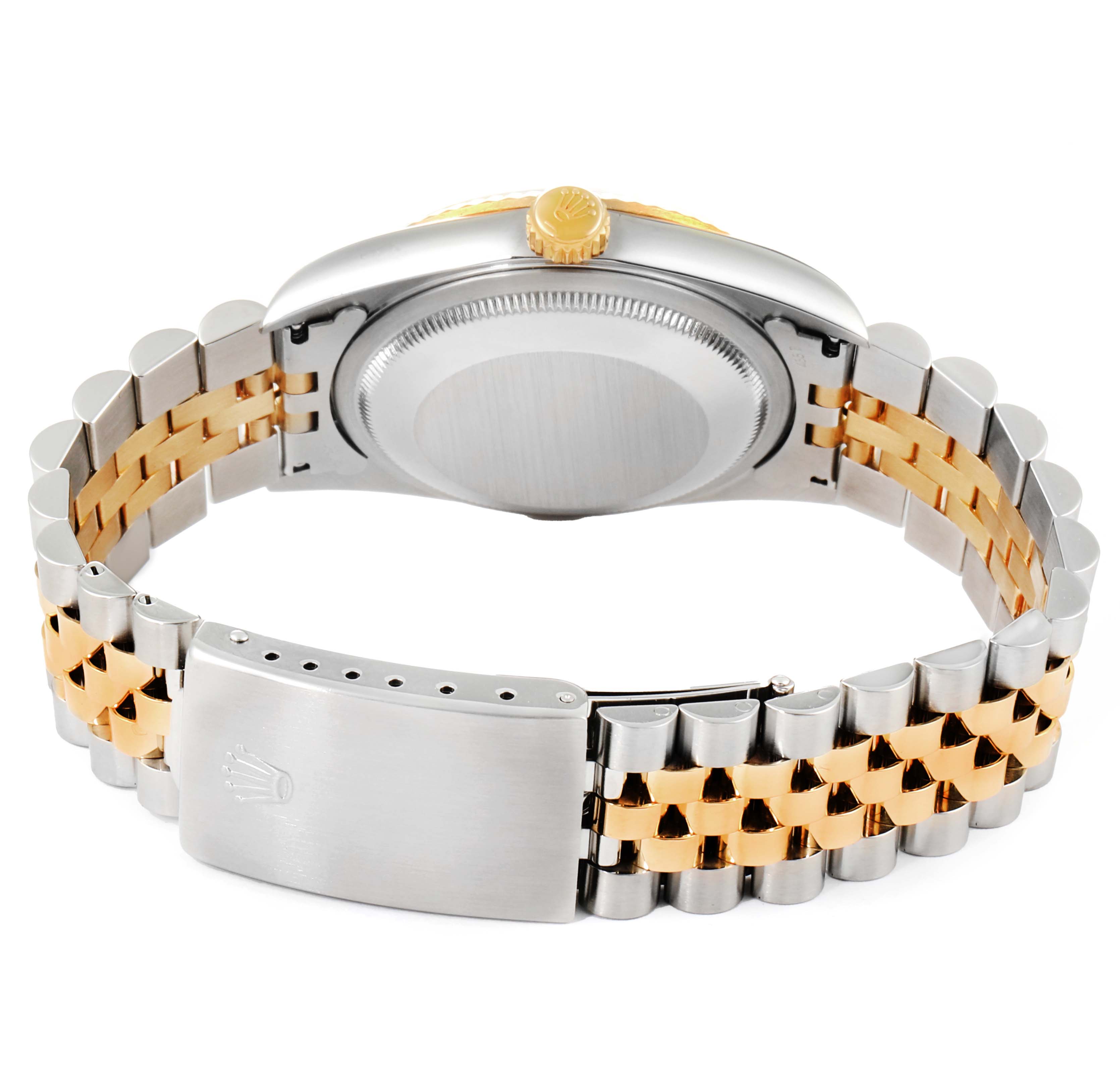 This image shows the back and bracelet of a Rolex Datejust 16233 Men's Steel and Gold (two tone) Champagne Dial 16233 Men's Steel and Gold (two tone) Champagne Dial watch, highlighting its two-tone Jubilee bracelet and closed clasp.