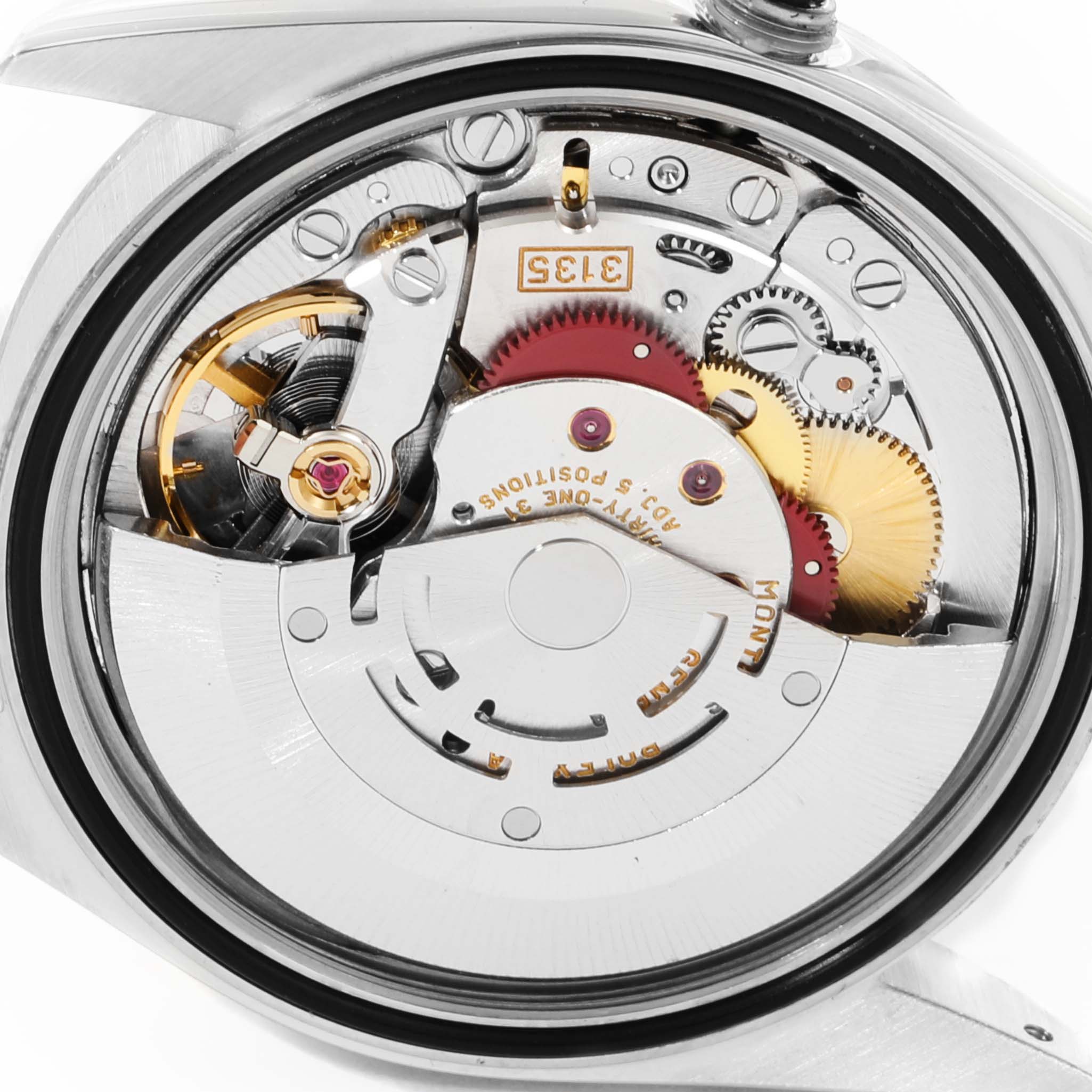 This image shows the internal movement mechanism of a Rolex Datejust 16233 Men's Steel and Gold (two tone) Champagne Dial 16233 Men's Steel and Gold (two tone) Champagne Dial watch, viewed from the back.
